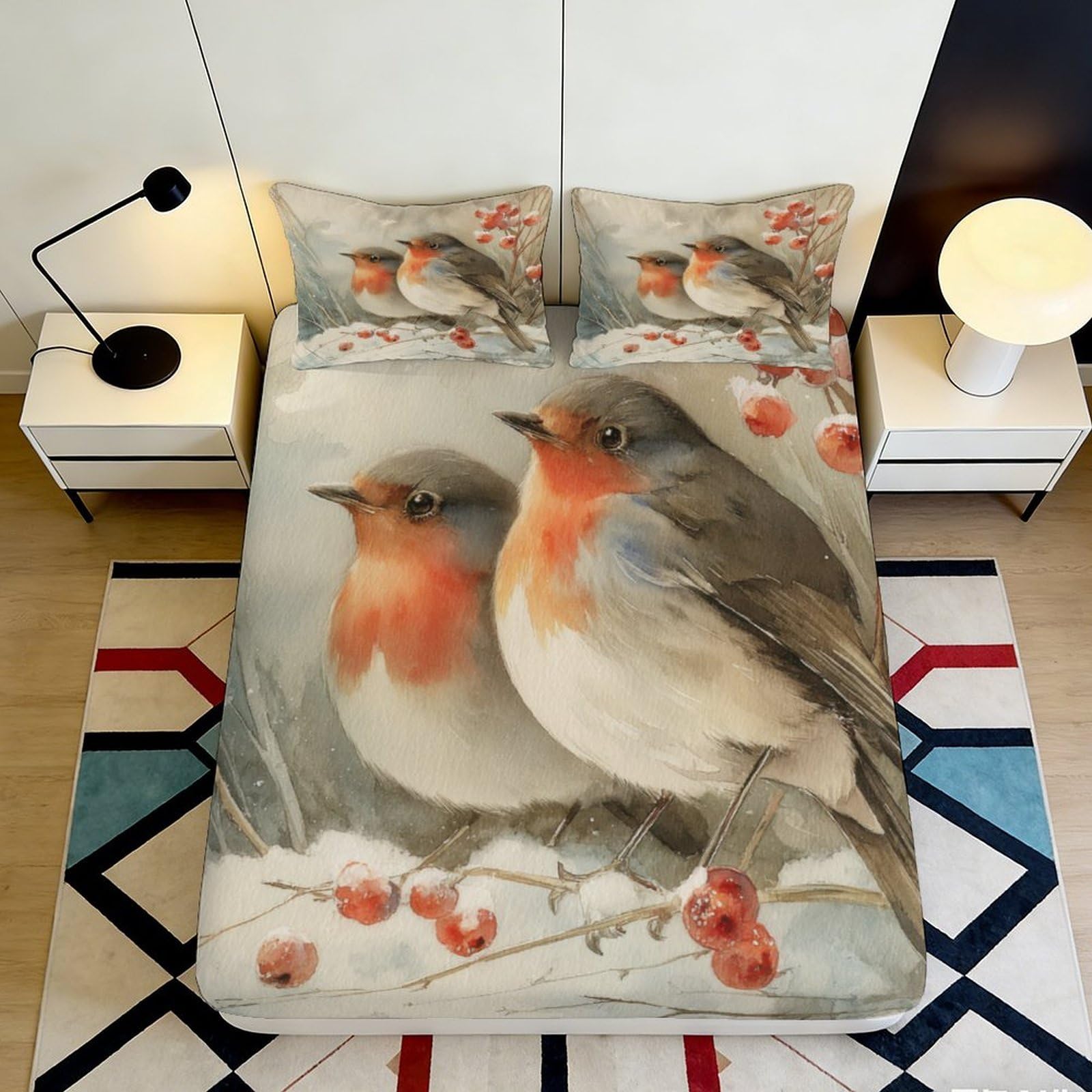 3D Printed Robin Bird Fitted Sheet Microfiber Soft Breathable Berry Branch Mattress Cover for Bedroom Guest Room Decor 90x200x25cm