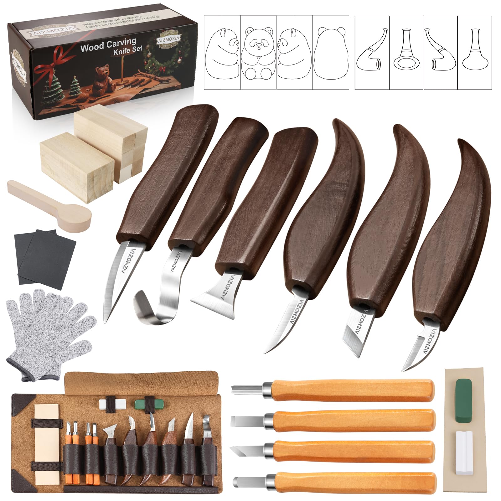 Kit de tallado de madera AIZMOZIA para principiantes, kit de cuchillos para tallar, herramientas para tallar madera con bolsa de almacenamiento de cuero sintético, 10 cuchillos para tallar, 6 plantillas, madera de tilo para manualidades.