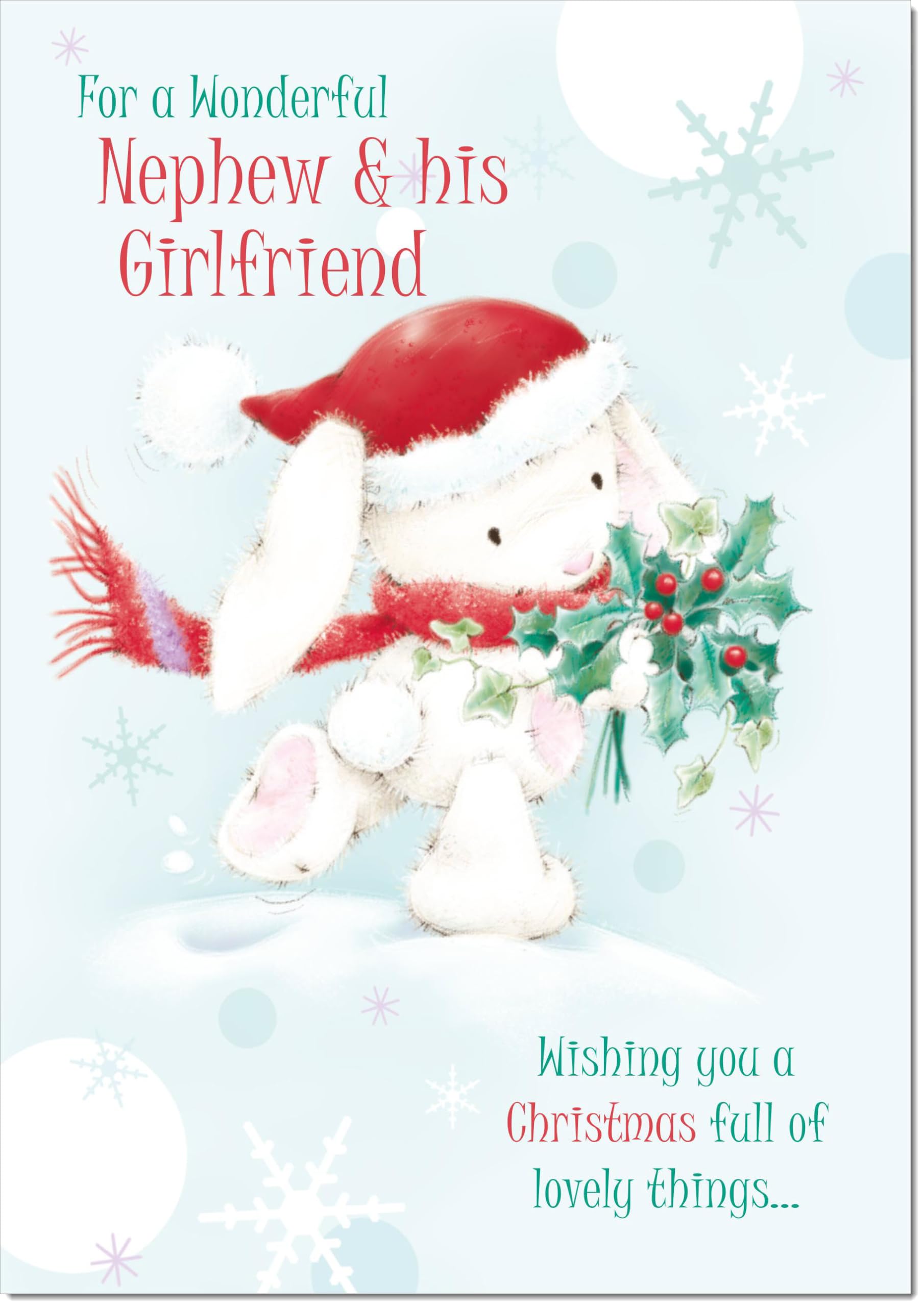 doodlecards Nephew and Girlfriend Christmas Card Cute Rabbit with Holly Large A4 Size Christmas Card for Nephew & Girlfriend with Plain Envelope โ image 1
