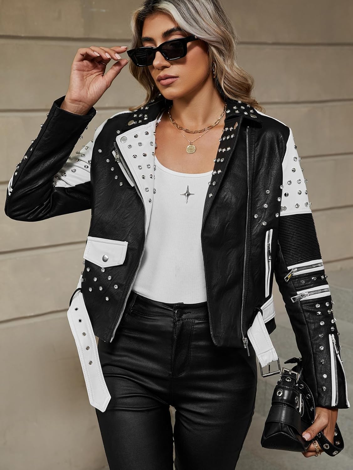 Bellivera Women's faux leather Motorcycle Jacket Zip up stand with Pockets - Image 4