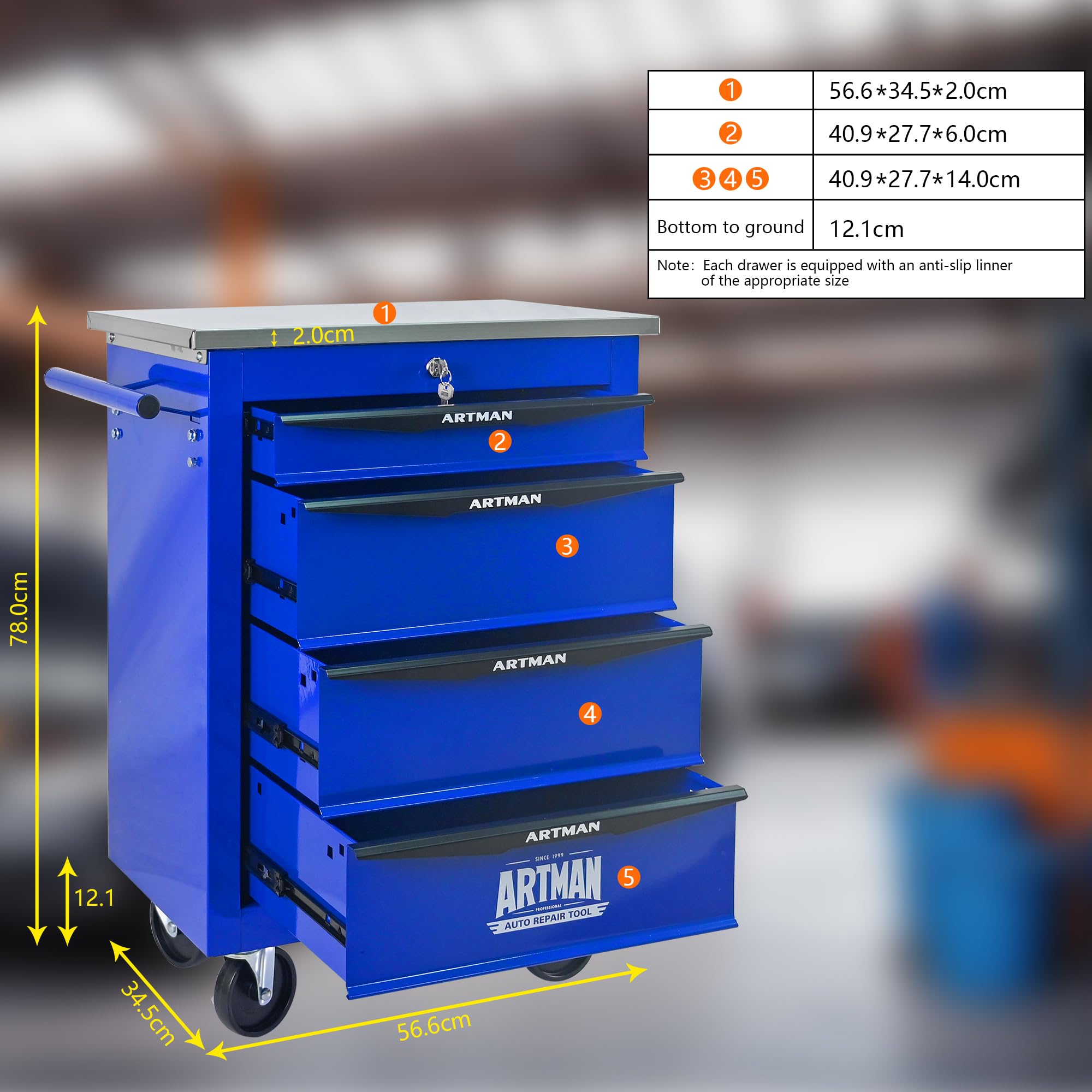 Generisch Carrello portautensili a 4 cassetti, con ruote e cassetti, 15 kg per cassetto, struttura in acciaio, verniciato a polvere, piano di lavoro e ganci, per garage/officina