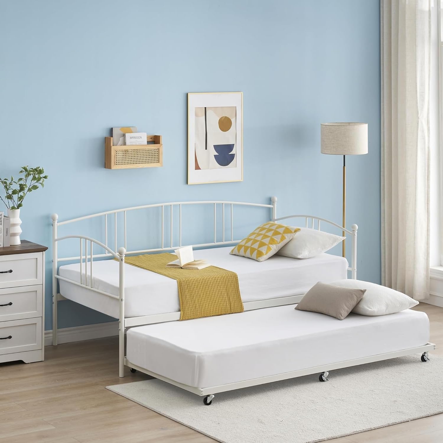 Garvee Twin Metal Daybed with Trundle, Pullout Trundle Bed Frame with Arched Headboard, Guest Sofa Bed with Steel Slat Support, No Box Spring Required, Easy Assembly, White