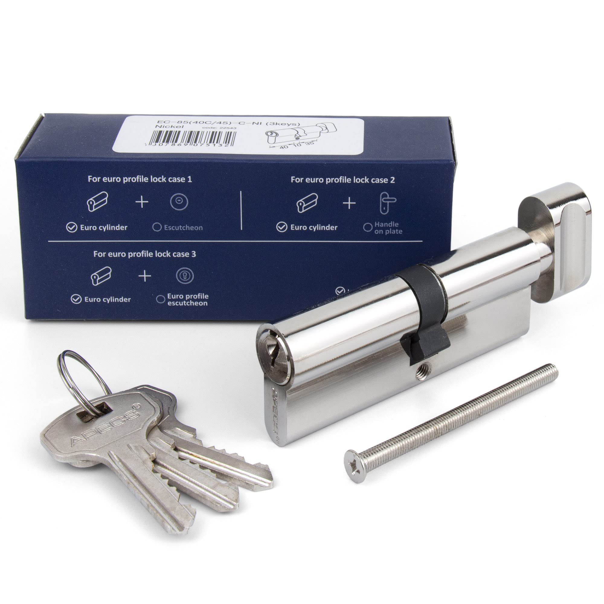 APECS - Cylindre de serrure à bouton - Avec bouton - 100 (40C/60) mm - Pour serrure de porte d'entrée - Avec 3 clés - Modèle EC-100 (40C/60)-C