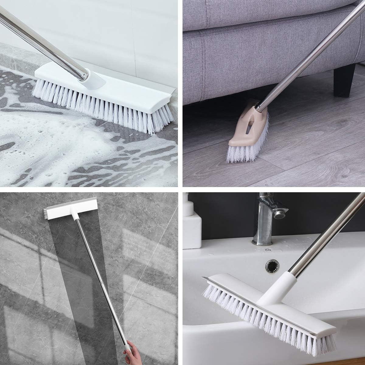 loteaf Floor Scrub Brush with Long Handle, Stiff Bristle Deck Brush Scrubber with Squeegee for Cleaning Deck, Tile, Bathroom, Tub, Grout, Garages, Swimming Pool, Patio