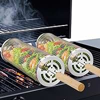 2 Peças Rolo Grelha Churrasqueira Inox, Cesto de Churrasco Redondo Portátil, Churrasqueira, Aço Inoxidável 304, Destacável e Lavável, Adequada para Cozinhar Ao Ar Livre