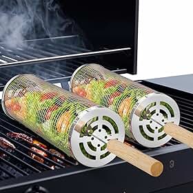 2 Peças Rolo Grelha Churrasqueira Inox, Cesto de Churrasco Redondo Portátil, Churrasqueira, Aço Inoxidável 304, Destacável e Lavável, Adequada para Cozinhar Ao Ar Livre