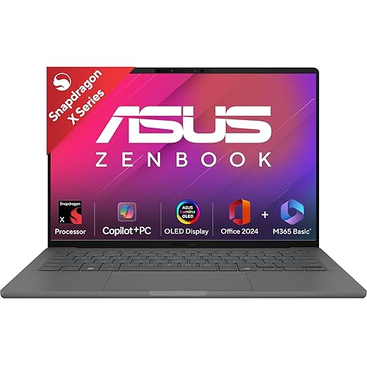 ASUS Zenbook A14 OLED (2025),Qualcomm Snapdragon X, Copilot+PC, 0.9kg Light-Weight, 14""(35.6 cm),32hrs Battery Life*(16GB/512GB/Windows 11/MSO 2024/M365 Basic-1yr/AI PC/Metal Body/UX3407QA-QD259WS)