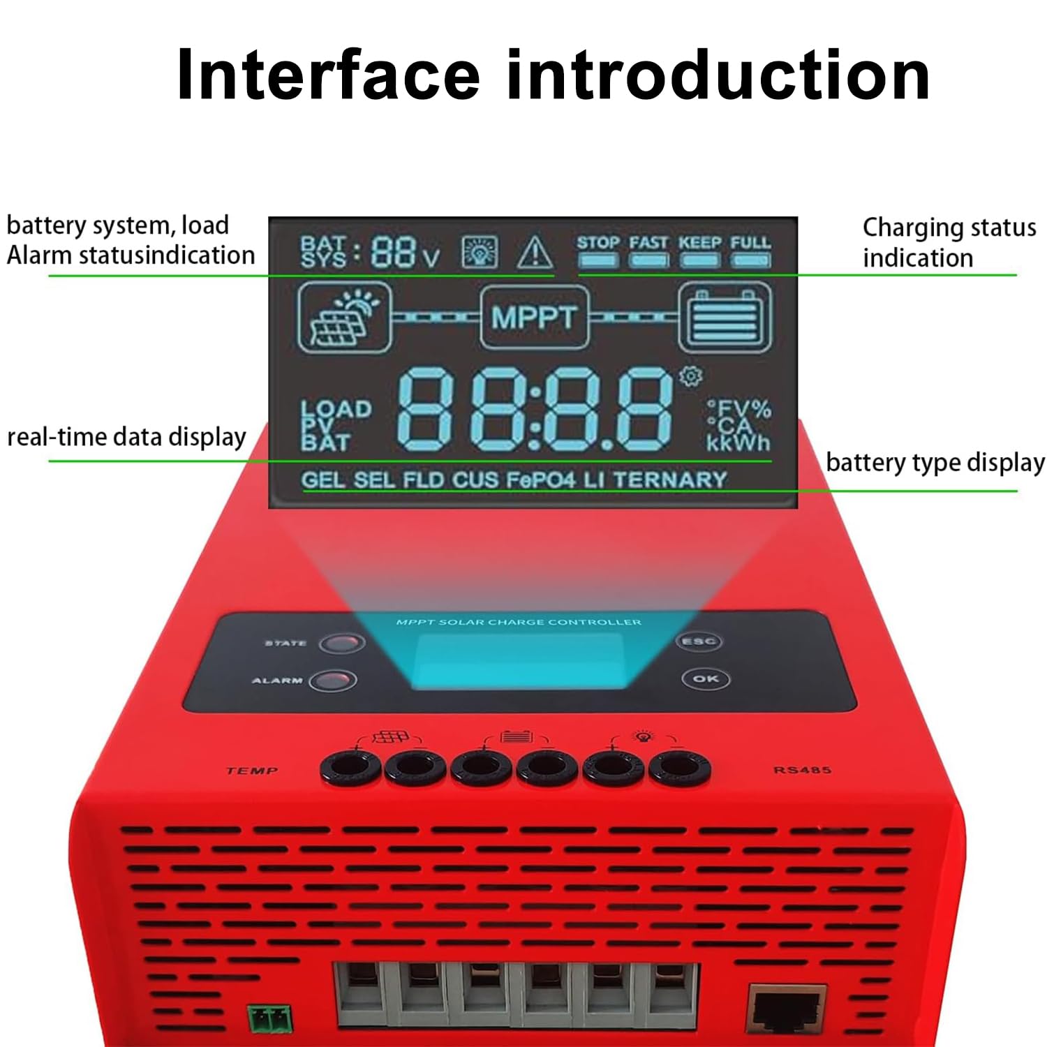 SolaMr MPPT 60A Régulateur de Charge Solaire 12V/24V/48V Contrôleur de Charge de Batterie de Panneau Solaire Intelligent avec Écran LCD et Interface RS485-60A
