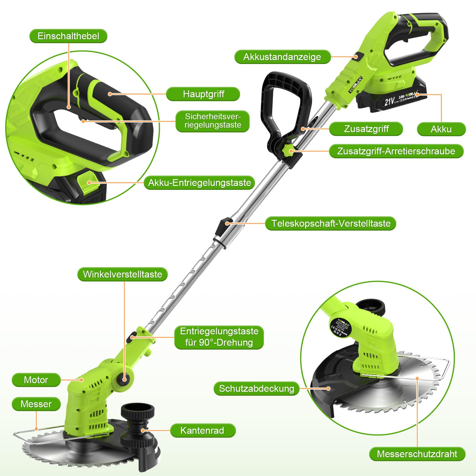 VOERJIA Débroussailleuse Électrique sans Fil 850W avec Écran LCD, Coupe Bordure sans Fil avec 2 Batteries 21V et Roue, Rotofil Puissant 4-en-1 pour Jardin, Désherbage et Allée (Modèle Pro)
