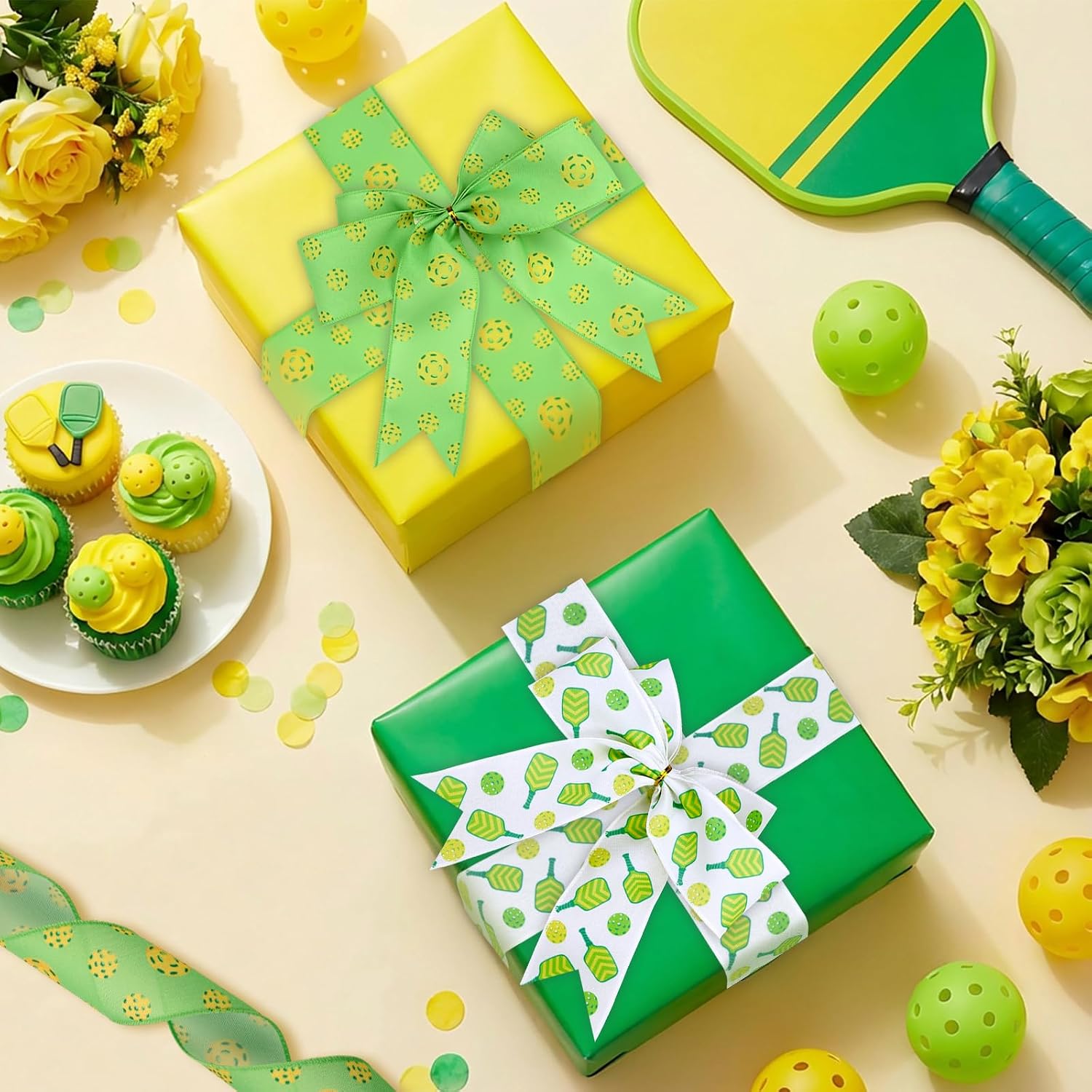 Serencatcher Pickleball Wired Edge Ribbons 2.5 Inch 2 Rolls 10 Yards Yellow Green Pickleball Theme Polyester Ribbons for Sports Party Birthday Baby Shower Decor Crafts Gift Wrapping DIY Wreaths Bows image 2