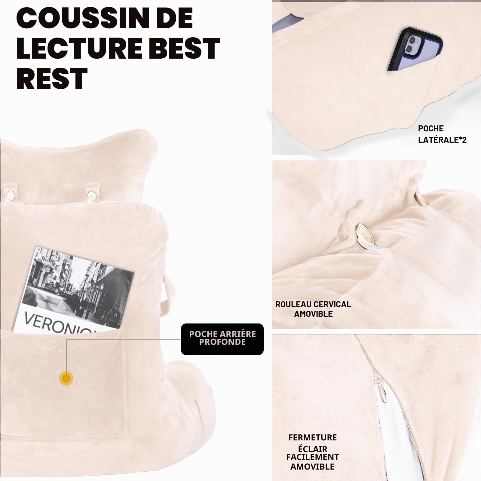 SLIGUY Oreiller de Lecture Extra Large de 78,7 cm Coussin de Repos avec Rouleau de Cou Amovible et Accoudoirs pour S'asseoir dans Le lit ou Le Dossier du Canapé Coussin de Lecture pour Lire, Beige