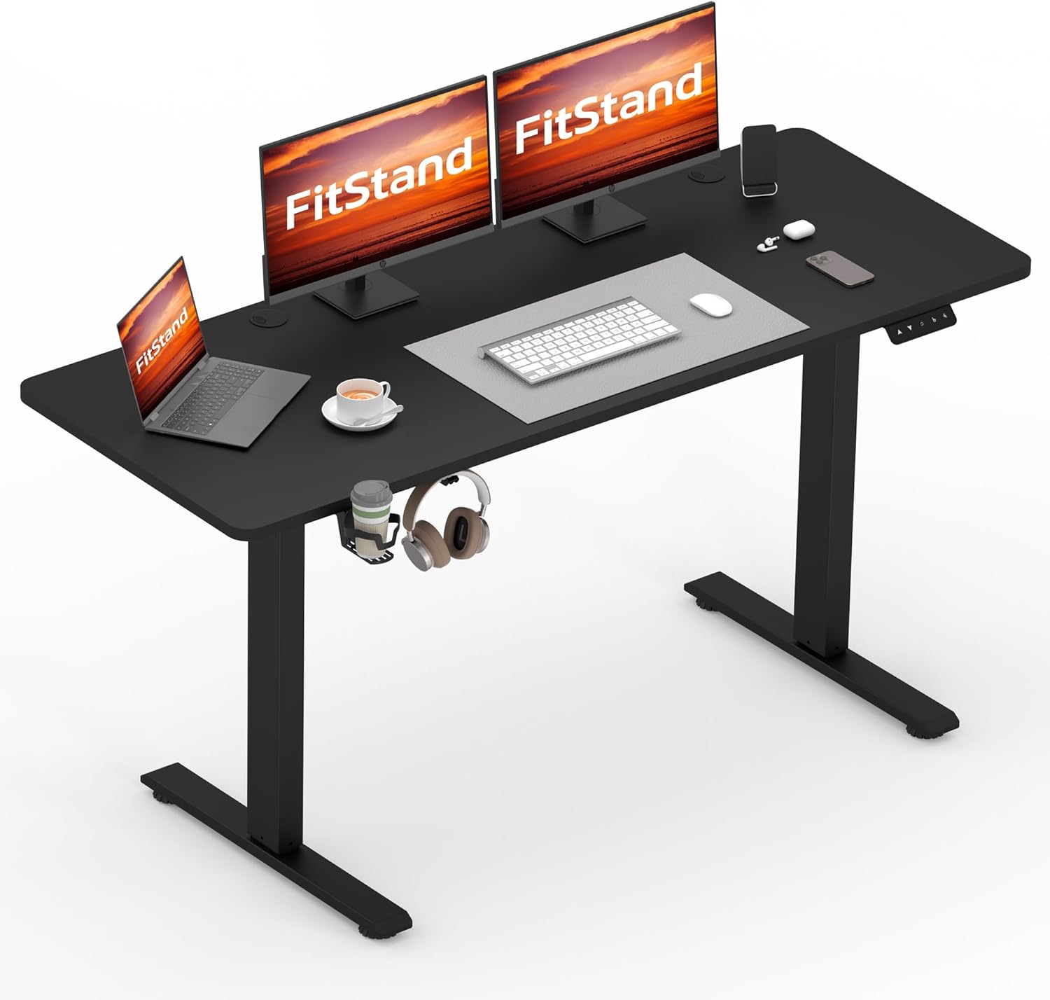 FitStand 140x60cm Electric Height Adjustable Standing Desk, Sit Stand Desk, Computer Desk With Hooks, Child Lock, Memory Function, Suitable For Office And Home – Black