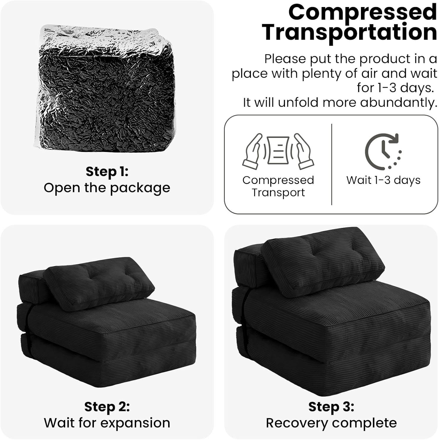 MIERES Foldable Sofa Bed, Foldable Couch Futon Mattress with Ergonomic Support, Floor Sofa Lounge with Pillow and Back Support, Convertible Sleeper Couch for Small Space, Living Room (Black)