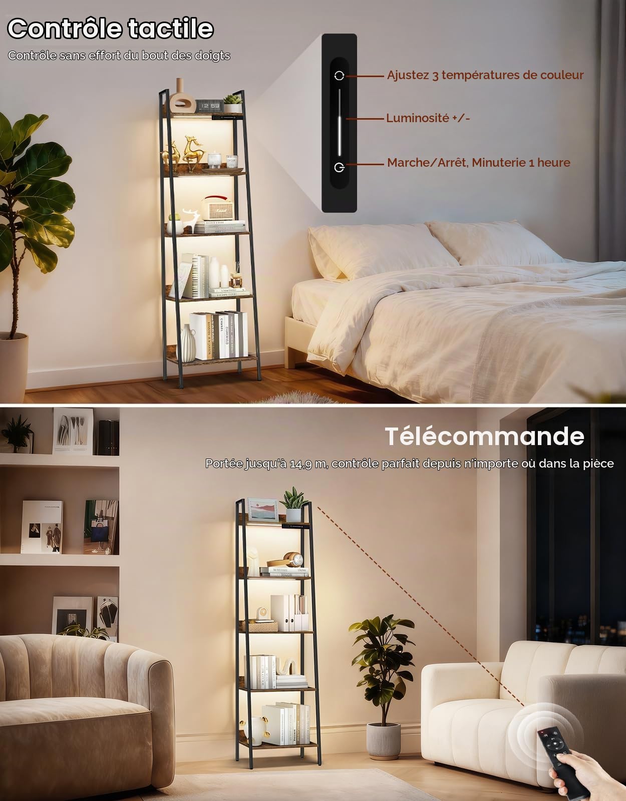Étagère échelle à 5 Niveaux avec éclairage LED, étagères de Rangement étroites pour bibliothèque, étagères de Style Industriel pour Le Salon