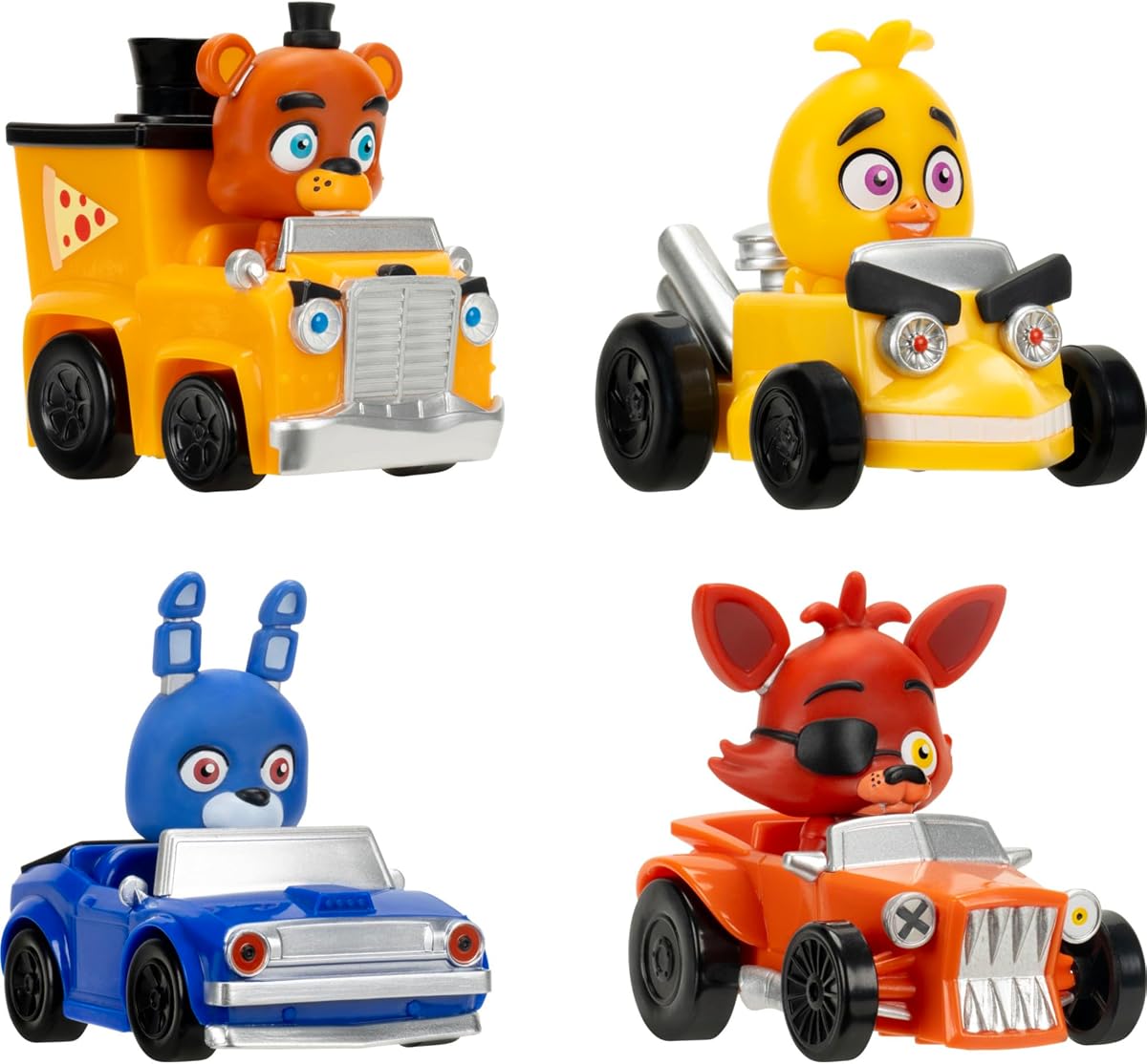 Jazwares Five Nights at Freddy's Classic Freddy Racers - Paquete de 4 vehículos estilizados de 2 pulgadas con volantes libres y controladores incorporados