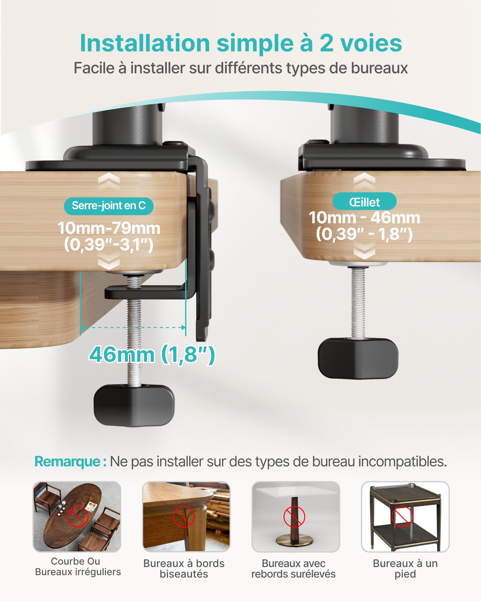 PEGZONE Support double écran pour écrans de 13–34 pouces, bras de moniteur vertical avec deux options de montage, support double réglable en hauteur, VESA 75x75/100x100 mm, jusqu'à 15 kg