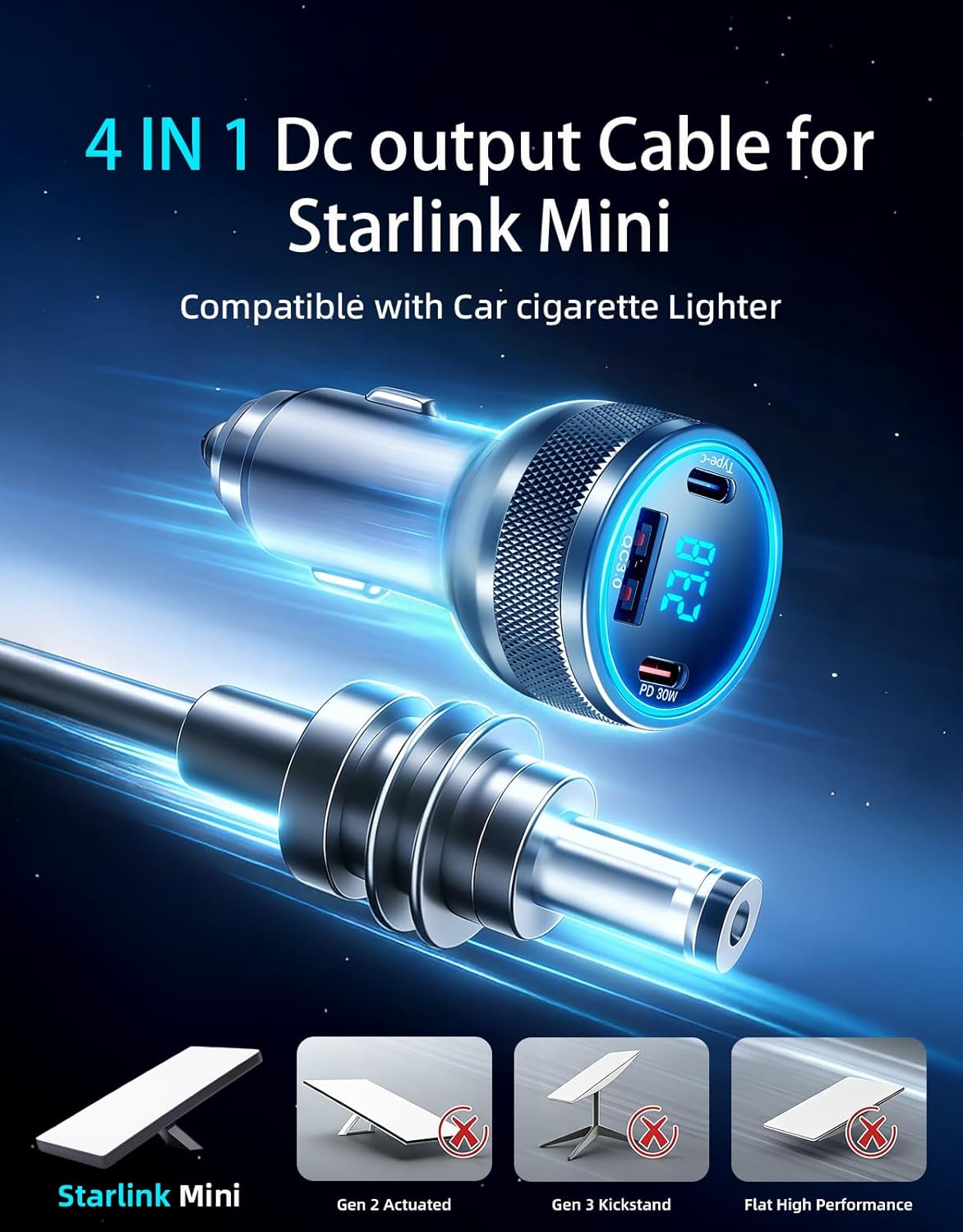Starlink Mini Cable, 4-in-1 Starlink Mini Car Charger DC Power Cable + 12V-24V Cigarette Lighter Adapter with Digital Display, USB-C PD 45W and Dual USB-A 35W Ports for Cars, Suitable for Cars (10FT)