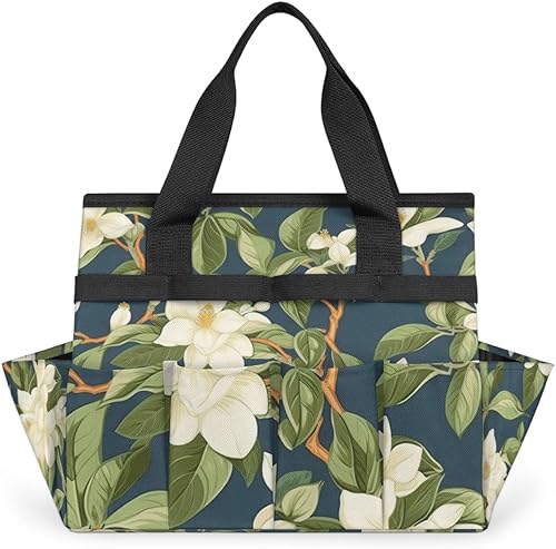 White Flower Leaf Garden Tool Tote Bag for Women Men Gardening Tool Storage Bags with 10 Pockets Standable Garden Home Tool Kits Organizer for
