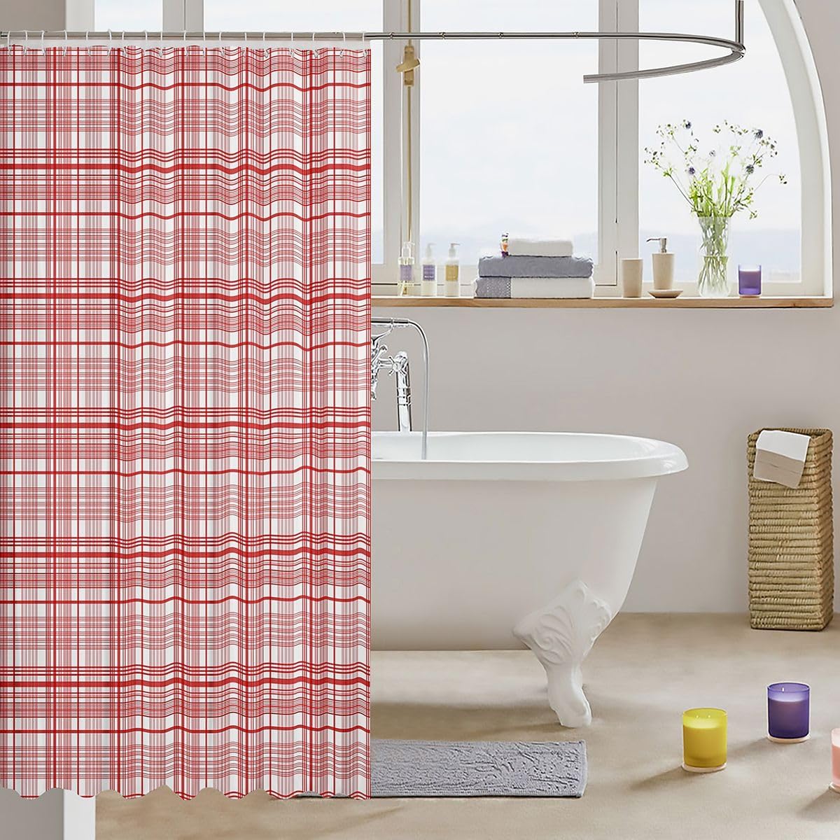 Feelyou Red Plaid Gingham Shower Curtain for Bathroom Decor Vintage Aesthetic Bath Curtain Checkered Geometric Modern Bathroom Accessories Waterproof Polyester Fabric for Stalls Bathtubs 72"x78" image 3