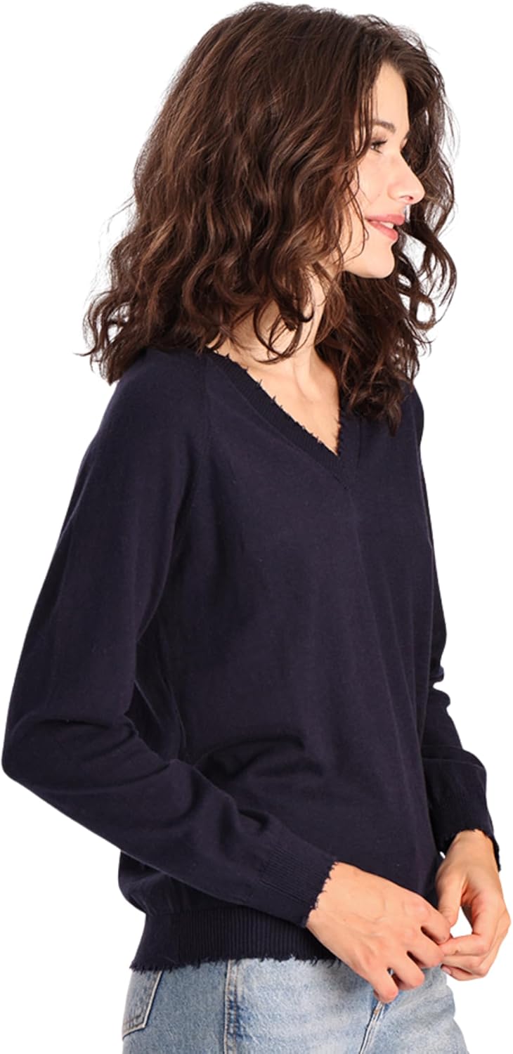 Minnie Rose Women's Long Sleeve Cotton Cashmere Frayed Edge V-Neck Sweater - Image 2