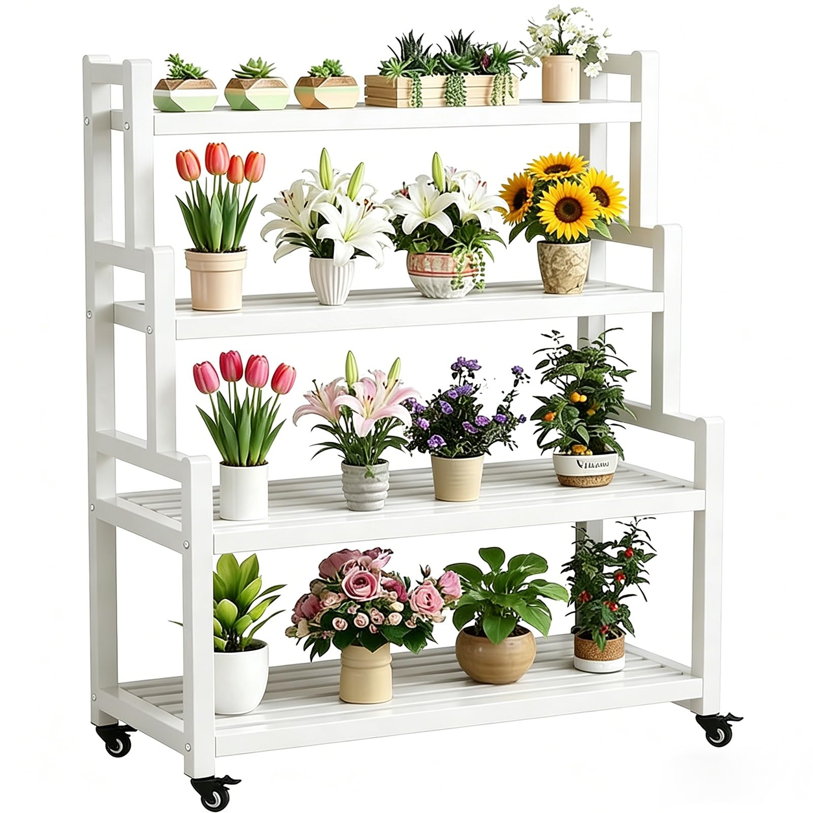 DMCHENGMA Garden 4 Tier White Metal Plant Shelves with Wheels, Heavy Duty Flower Display Shelf, Iron Flower Stand for Porch Plants(80x40x145cm)