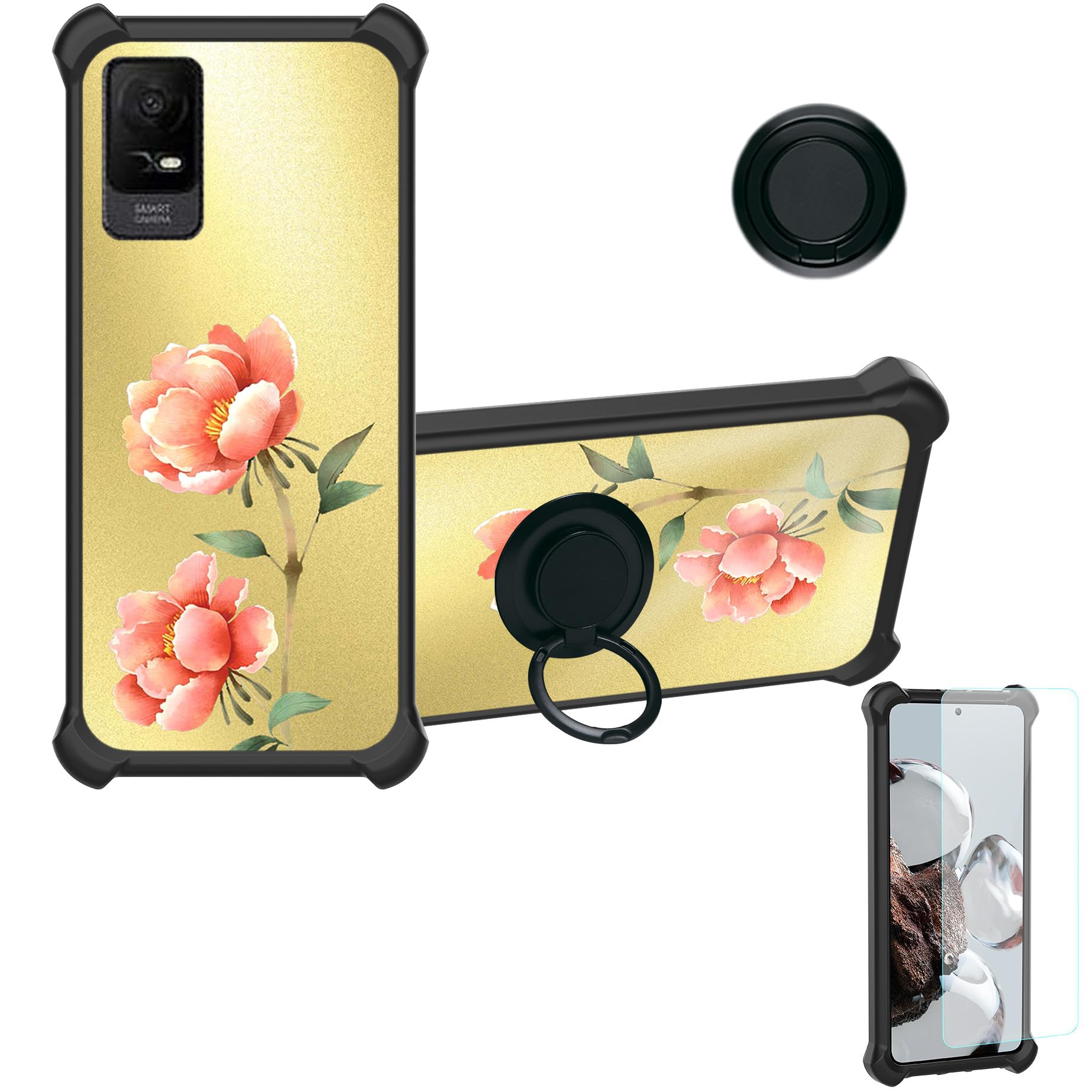 jioeuinlyCase for Mobiwire vodacom Kicka 6 4G Case Compatible with vodacom Kicka 6 4G Phone Case Cover [with Tempered Glass Screen Protector][Ring Support][Golden Reflect Light] DJH-YZH