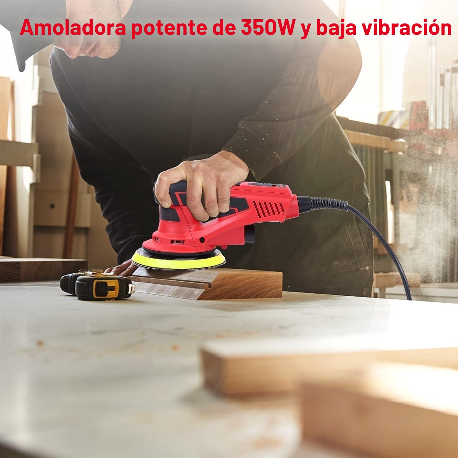 Lijadora Excéntrica 5.0 mm sin Escobillas PioneerWorks, 350W Lijadora Orbital 150mm, 4000-10000RPM, para Superficies de Madera, Incluye 12 Hojas de Papel de Lija