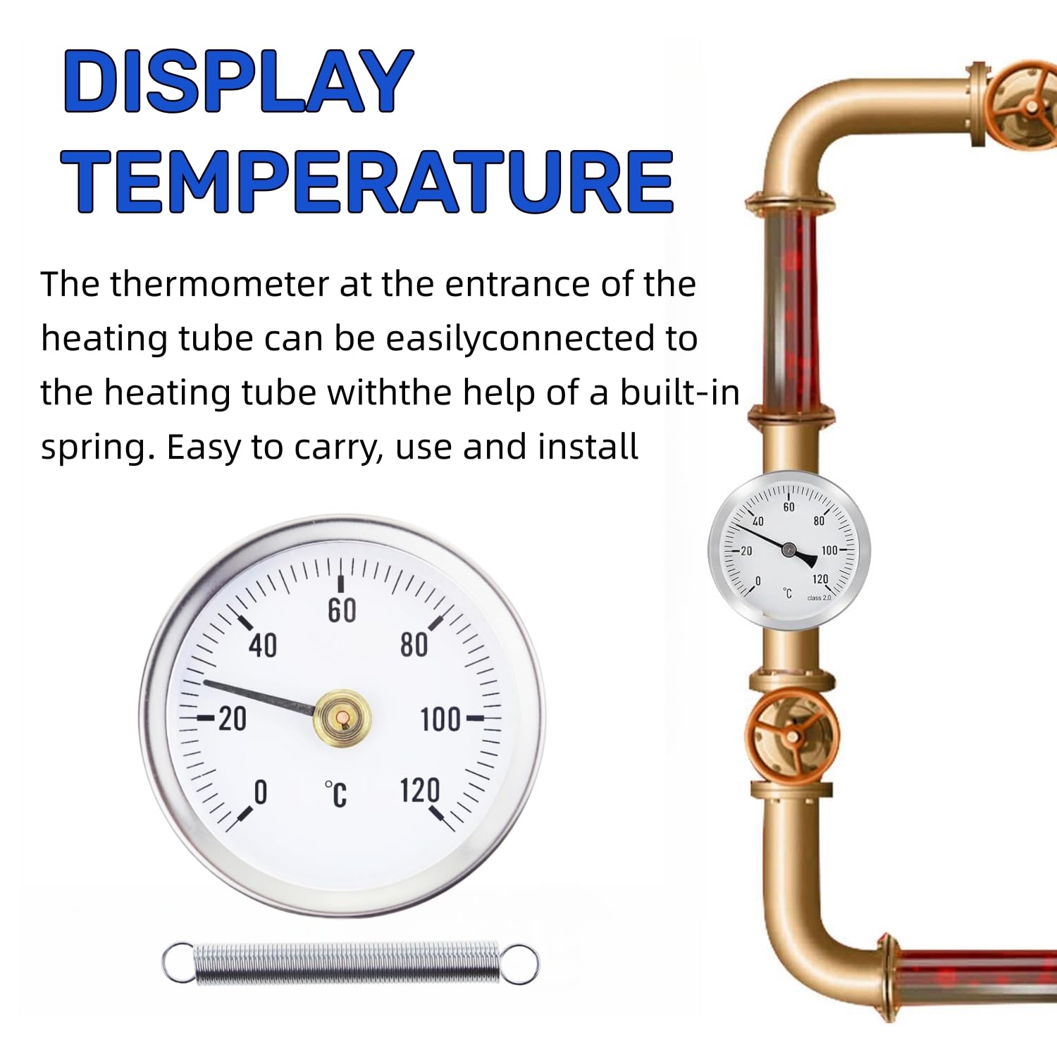 2 termometri per riscaldamento 0-120C 63 mm, termostato per radiatore per il controllo della temperatura su tubi del radiatore con contatto bimetallico in acciaio e superficie in acciaio inox.
