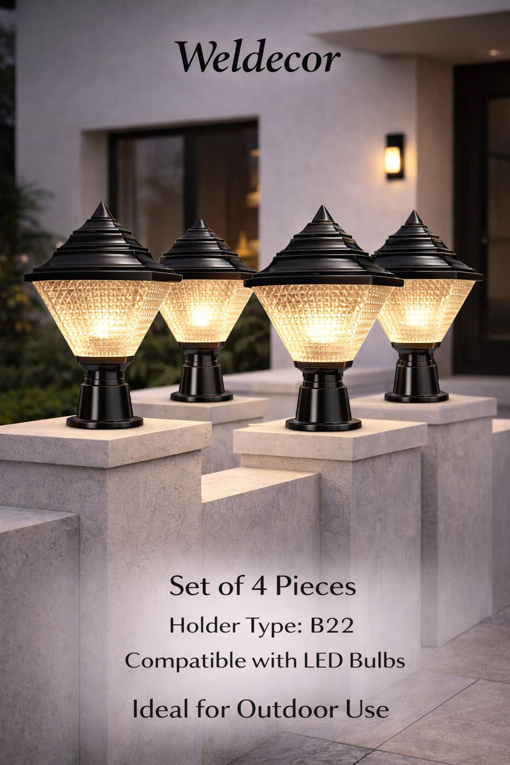 Weldecor Outdoor Gate Pillar Light | Polycarbonate Waterproof Wall Lamp | B22 Holder Compatible with LED Bulb | Garden, Boundary Wall & Main Gate Lighting Set of 4-image-16
