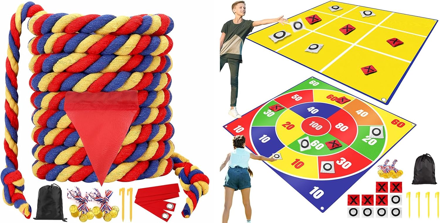 2-in-1 Giant Yard Games Bean Bag Toss & Large Tic Tac Toe Tug of War Rope Field Day Outdoor Games for Kids Adults Family-Backyard Fun Carnival Easter Party Giant Game