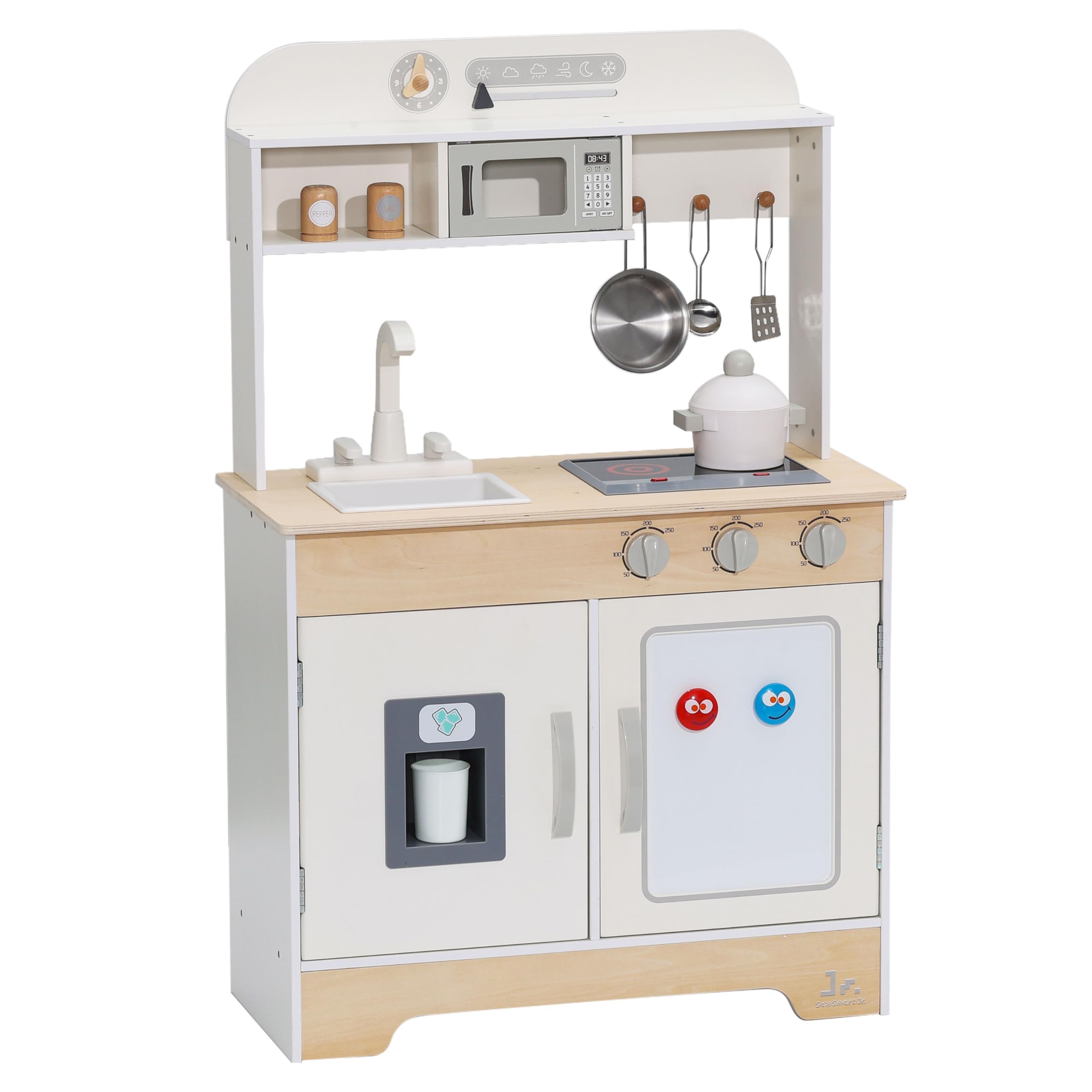 SainSmart Jr. Cocina de juguete de madera para niños – Juego de cocina de alta calidad para niños pequeños – Incluye estufa, nevera y accesorios para niños y niñas, color blanco