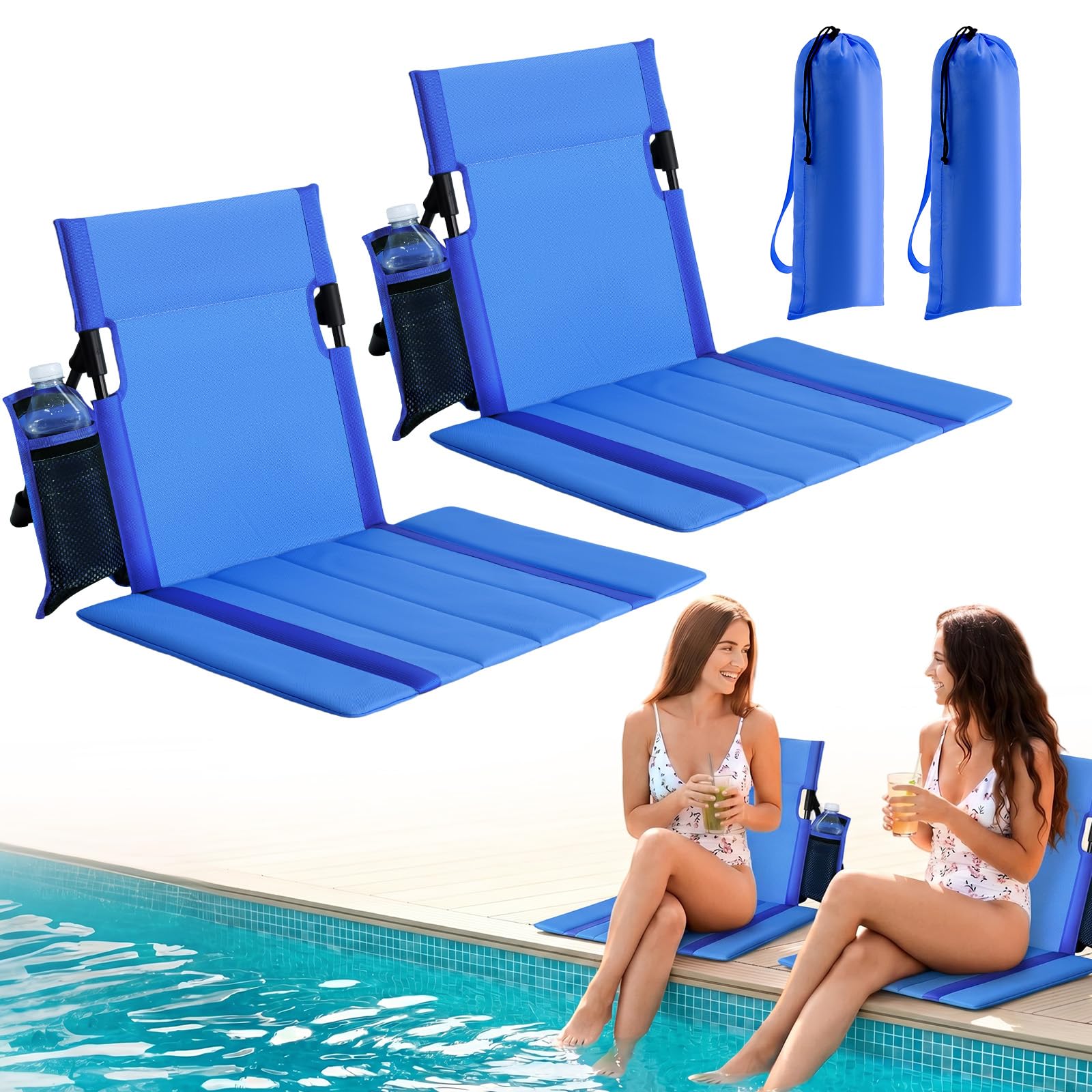 Photo 1 of 2 Pack Portable Poolside Chairs, Foldable Legless Beach Chairs for Adults with Cup Pocket, Lightweight Ground Seat Small Beach Chair for Edge of Pool, Quick-Dry Back Support for Travel (Navy)