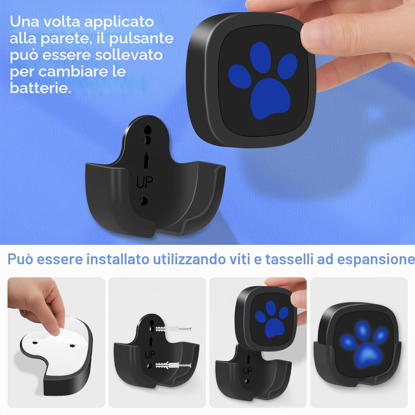 Campanello per Cani Whimsii, Campanello Wireless per Uscire, Pulsanti Impermeabili IP55, 55 Melodie, 4 Livelli di Volume e Portata di 950 Piedi (Nero, 1 Ricevitore, 2 trasmettitori)