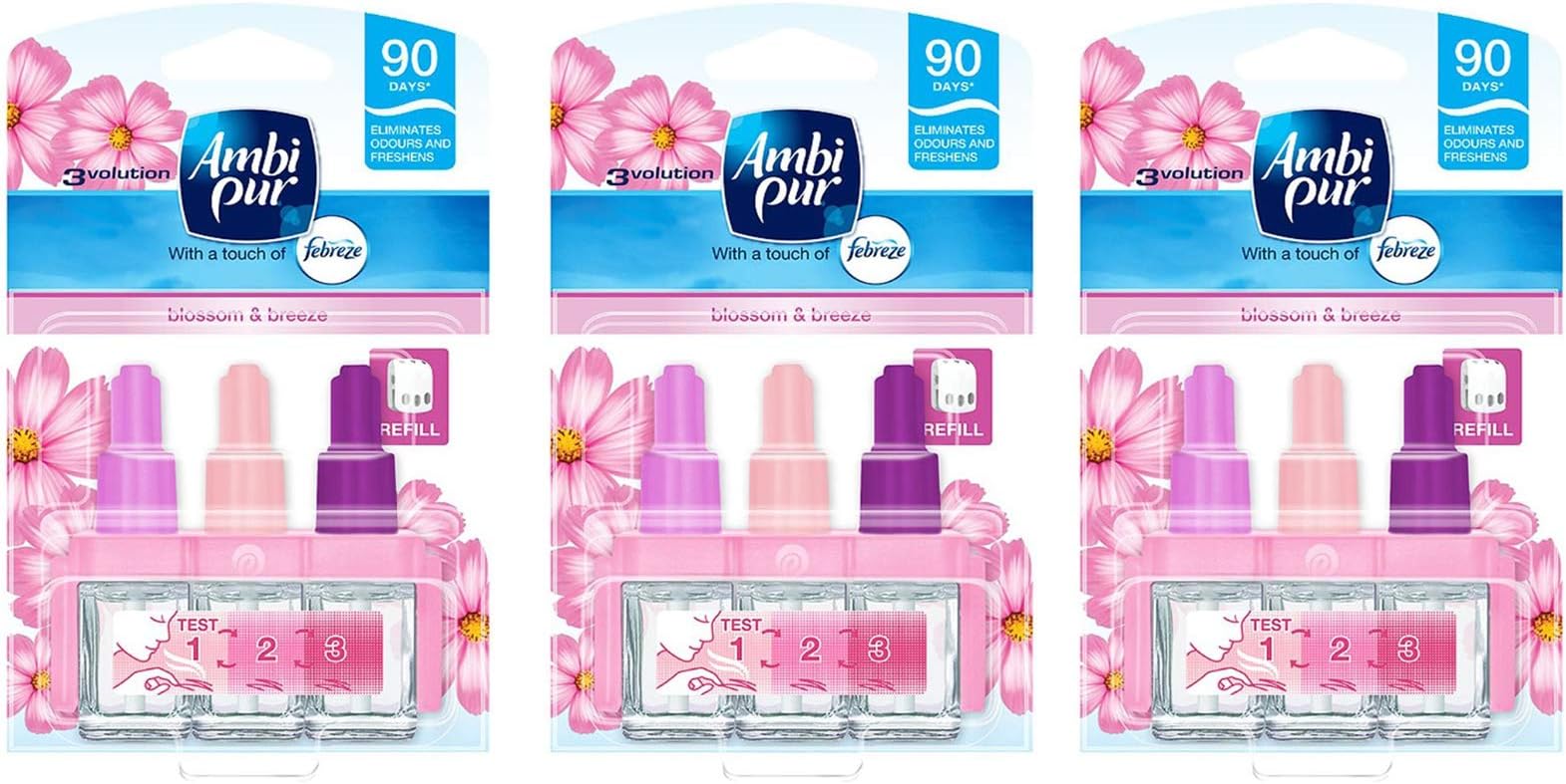 3 x Ambi Pur 3volution Air Freshener Electrical Plug in Refill Blossom Breeze 20ml