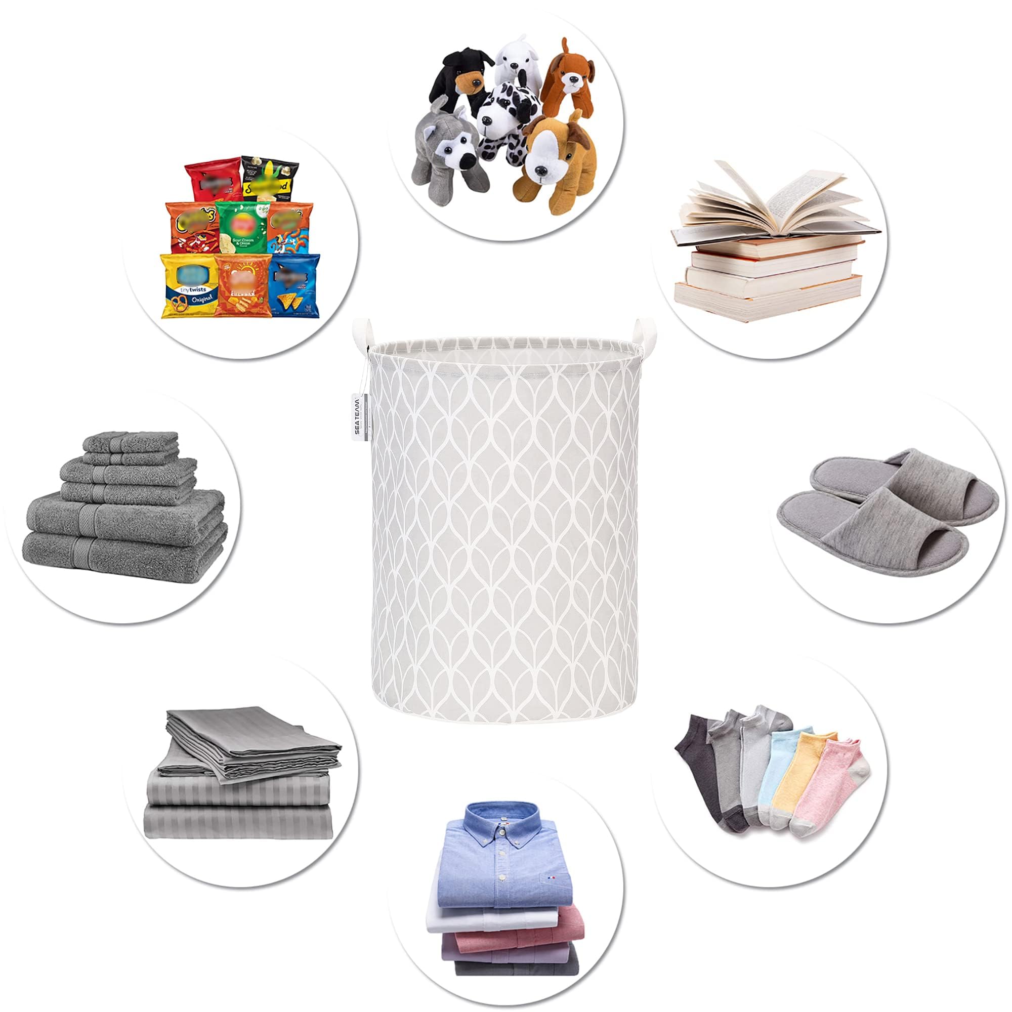 Sea Team 19.7 Inch Large Sized Waterproof Coating Ramie Cotton Fabric Folding Laundry Hamper Bucket Cylindric Burlap Canvas Storage Basket with Stylish Bud Grey Design — view 6