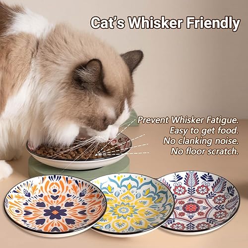 Miniatura 3 de Tazones antideslizantes para gatos, juego de cuencos de cerámica anchos para mascotas para aliviar la fatiga de los bigotes, paquete de 3 platos
