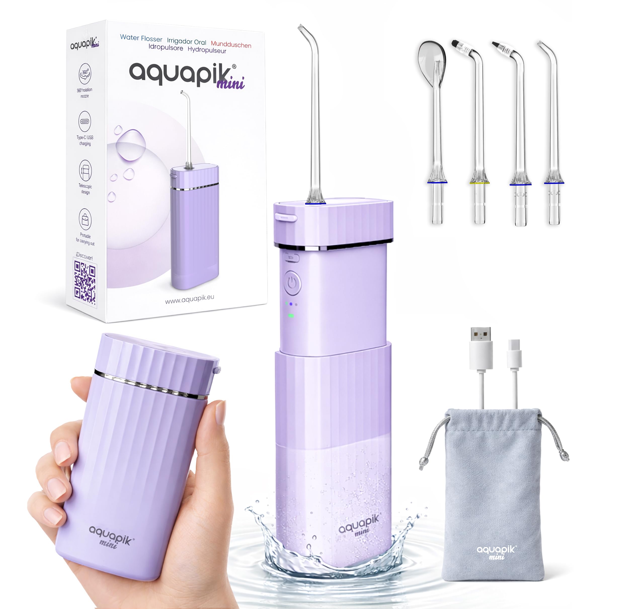 Aquapik Mini tragbare kabellose elektrische Munddusche Oral Irrigator 200 ml IPX8 USB-C 3 Druckstufen