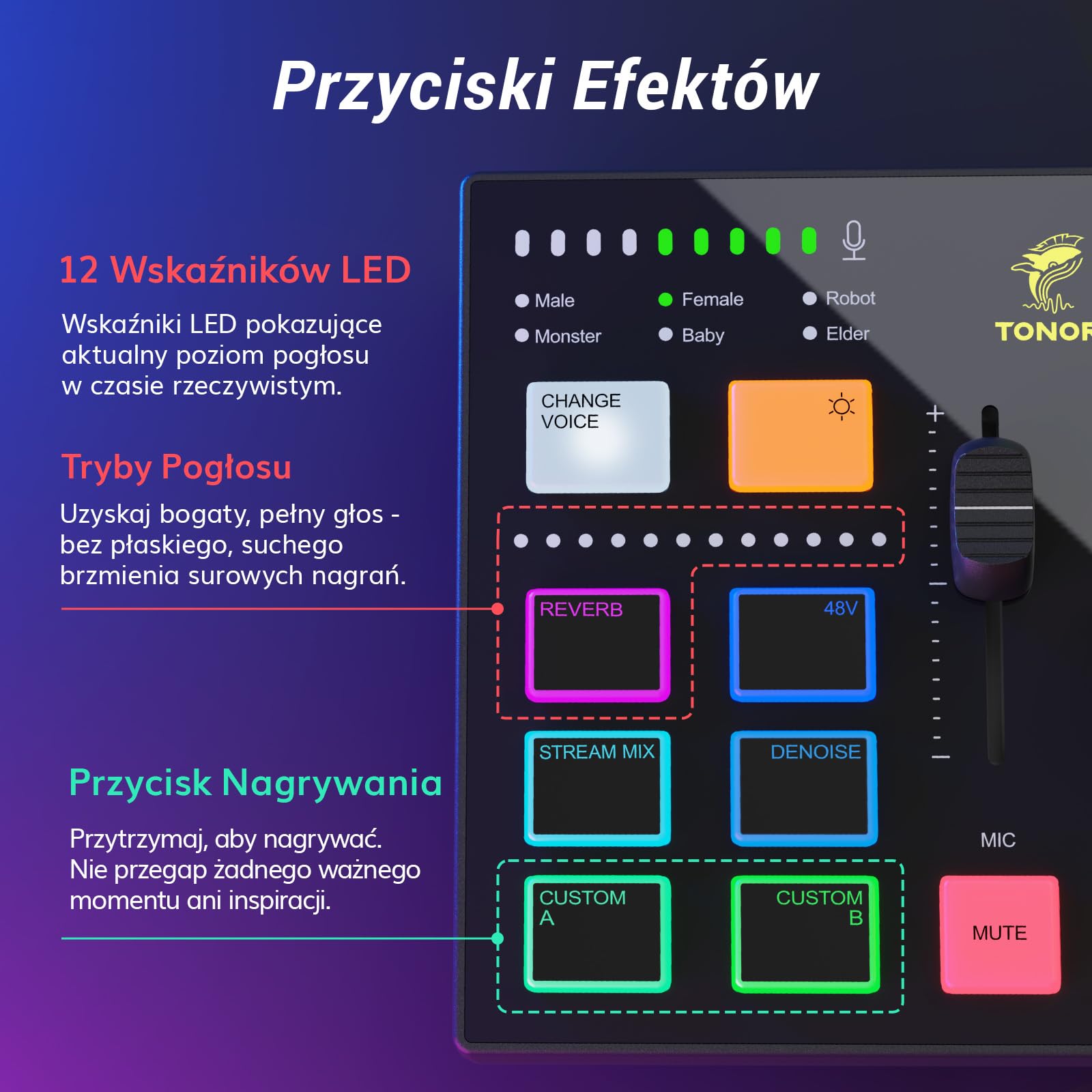 TONOR Interfejs audio do gier, mikser audio do streamingu, podcastów, nagrań studyjnych, 6,35 mm i kanał XLR, karta dźwiękowa z efektami świetlnymi RGB, do streamerów do gier, twórców treści TX310