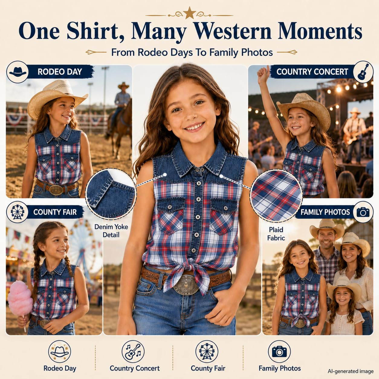 Bienzoe Camiseta corta sin mangas para niñas: blusa informal occidental con botones a cuadros vaquera