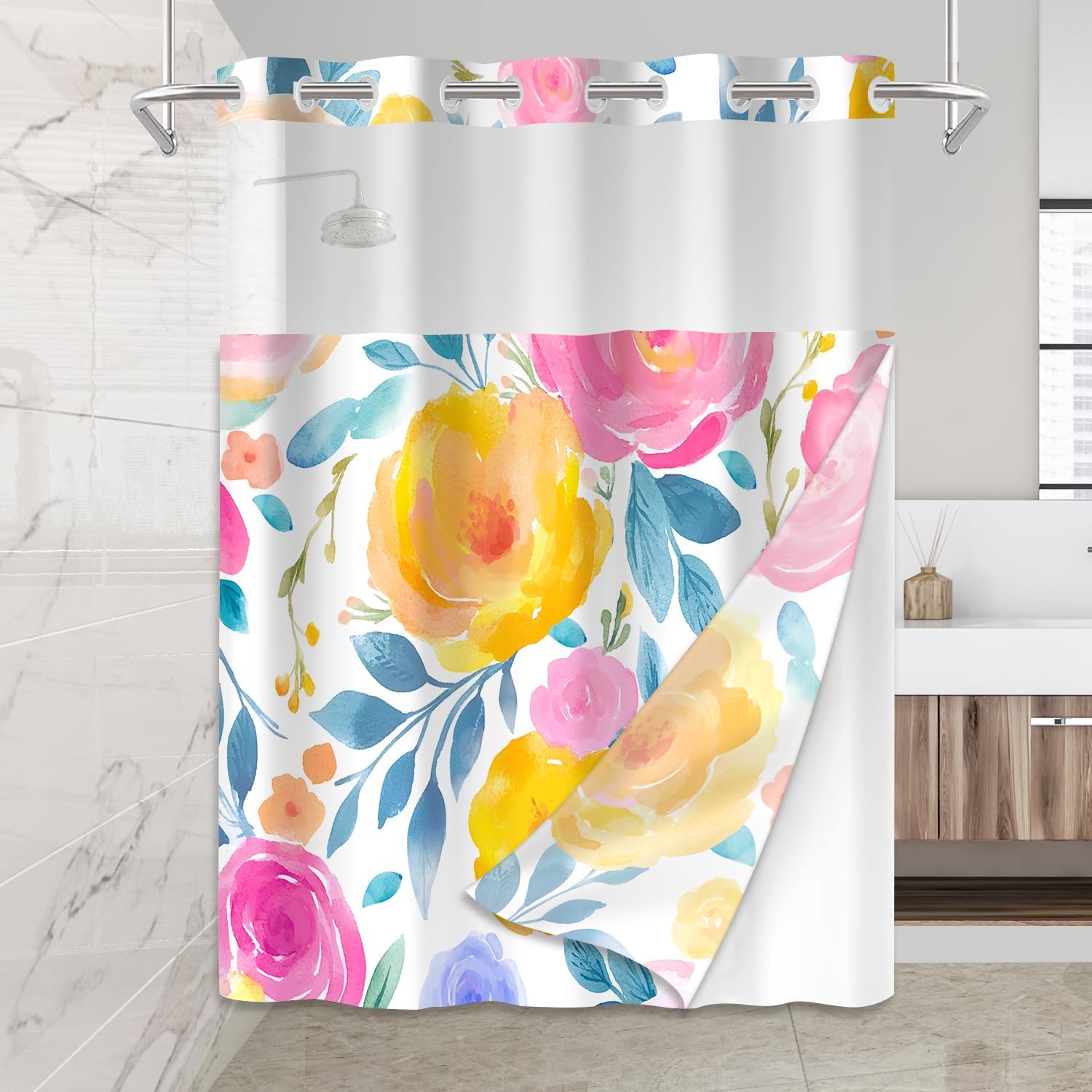 No Hook Shower Curtain Set with Snap in Fabric Liner for Bathroom,with See Through Top Window,Double Shower Curtain with Detachable Liner Replacement,Machine Washable,Rich Flower,71"x 74"
