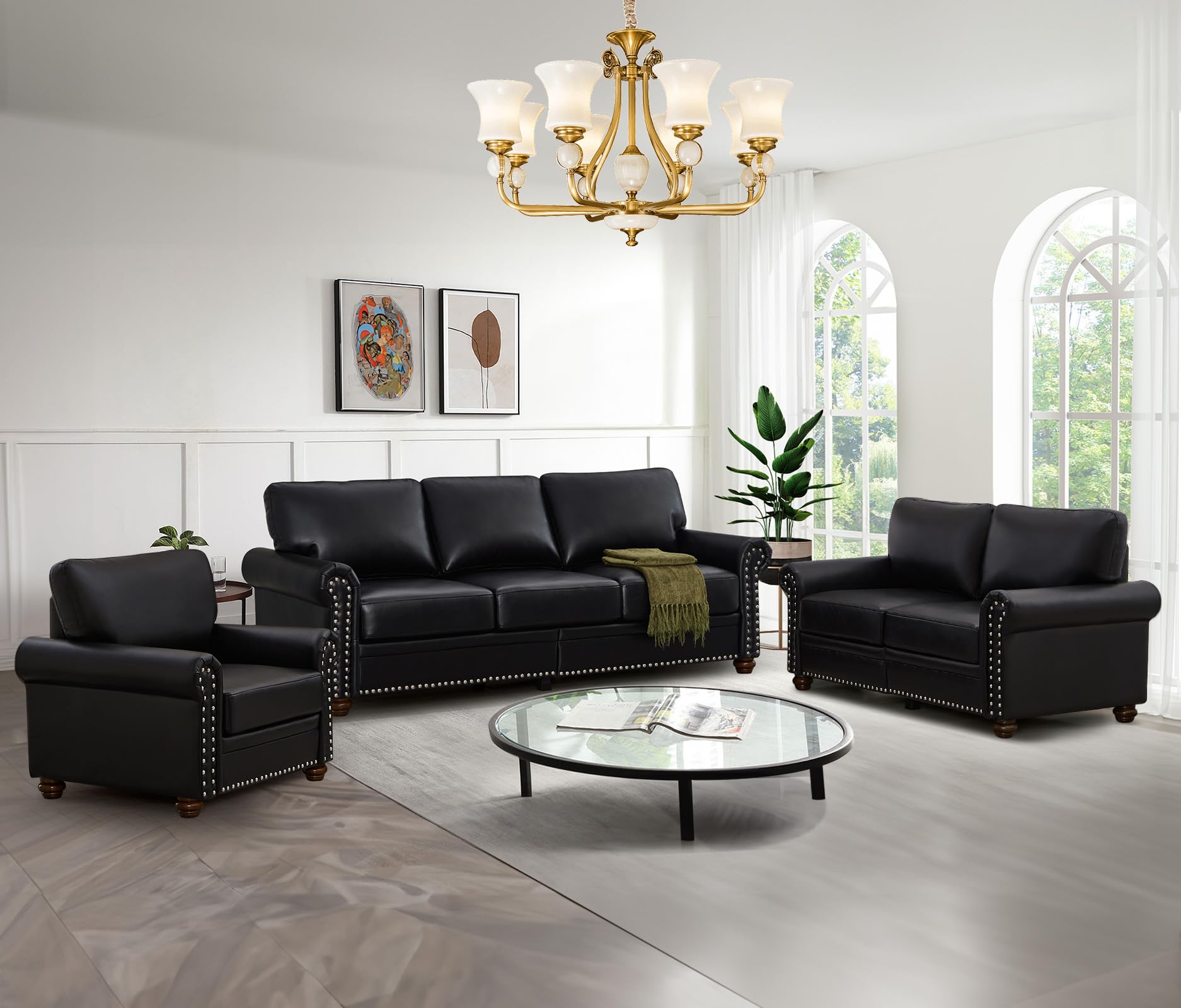 Antetek 3-Piece Faux Leather Sofa Couch Set, Mid-Century Modern Arm Chair+Loveseat Sofa+3 Seater Couch with Storage Space, Comfy Upholstered Sofas for