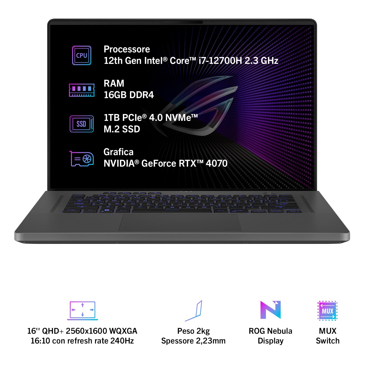 ASUS ROG Zephyrus G16 GU603ZI#B0BSLJZQM9, Notebook 16" Anti-Glare, 240Hz, Intel Core 12ma gen i7-12700H, RAM 16GB, 1TB SSD PCIE, grafica NVIDIA GeForce RTX 4070 8GB GDDR6, Windows 11 Home, Grigio