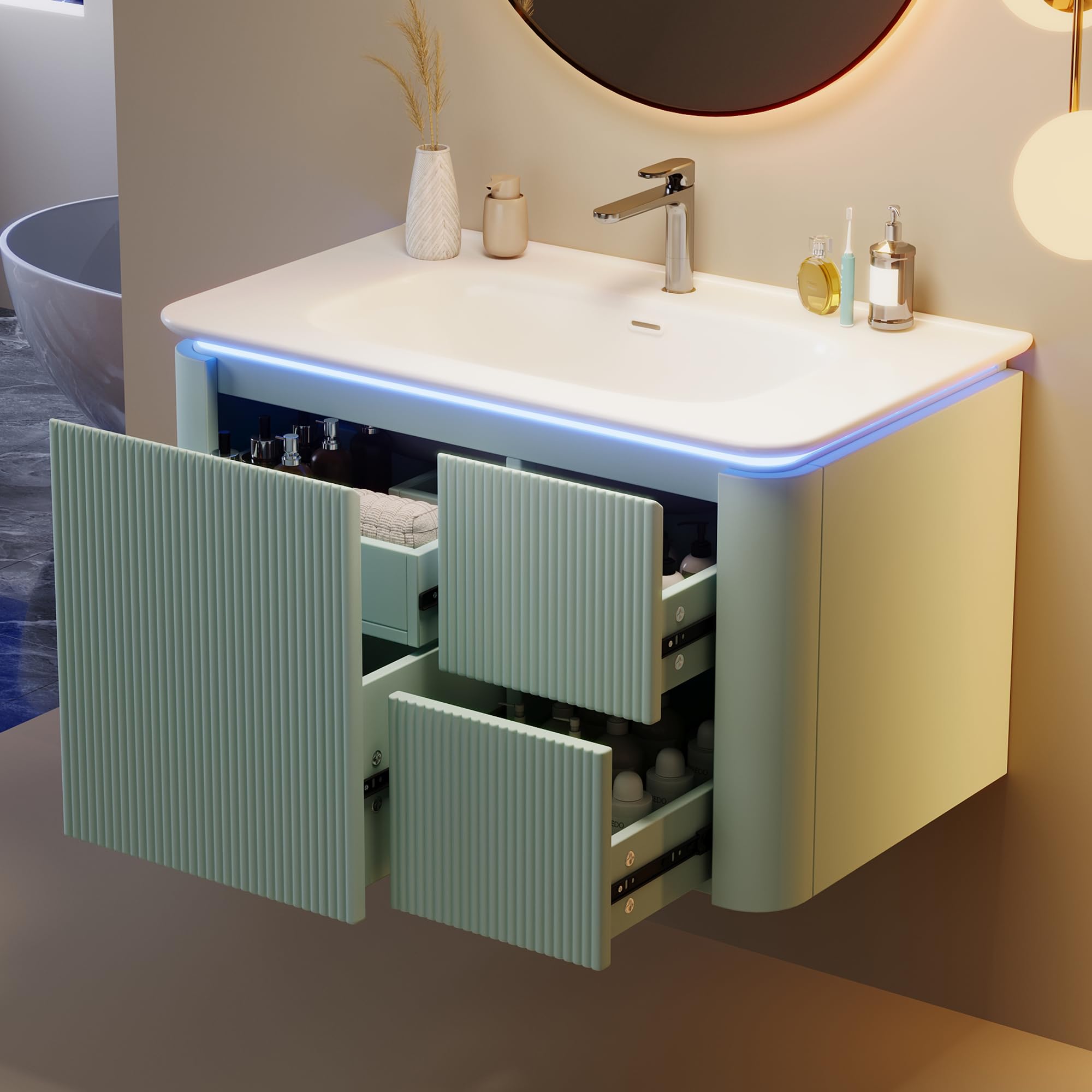 80,5 × 47,5 × 51 cm, armario de lavabo colgante de pared, completamente lacado, estructura vertical, lámpara LED con sensor de movimiento de radar, cajones silenciosos, lavabo de una pieza