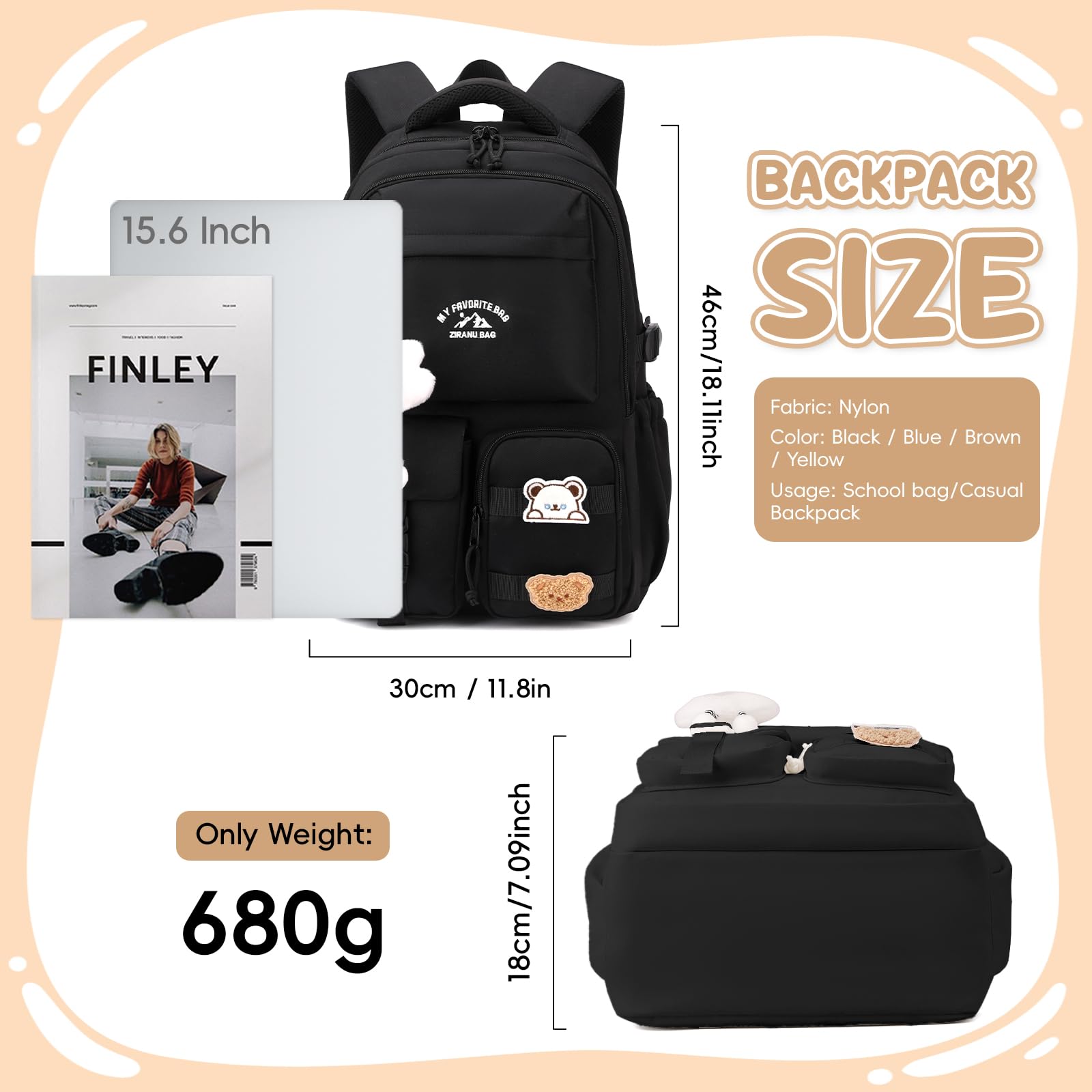Amythe Schulrucksack Mädchen Teenager, Schulranzen Mädchen Großer mit Vielen Fächern, Lässiger Rucksack Schule mit Süßen Anhängern und Abzeichen für Mädchen 3. bis 7. Klasse, Schwarz