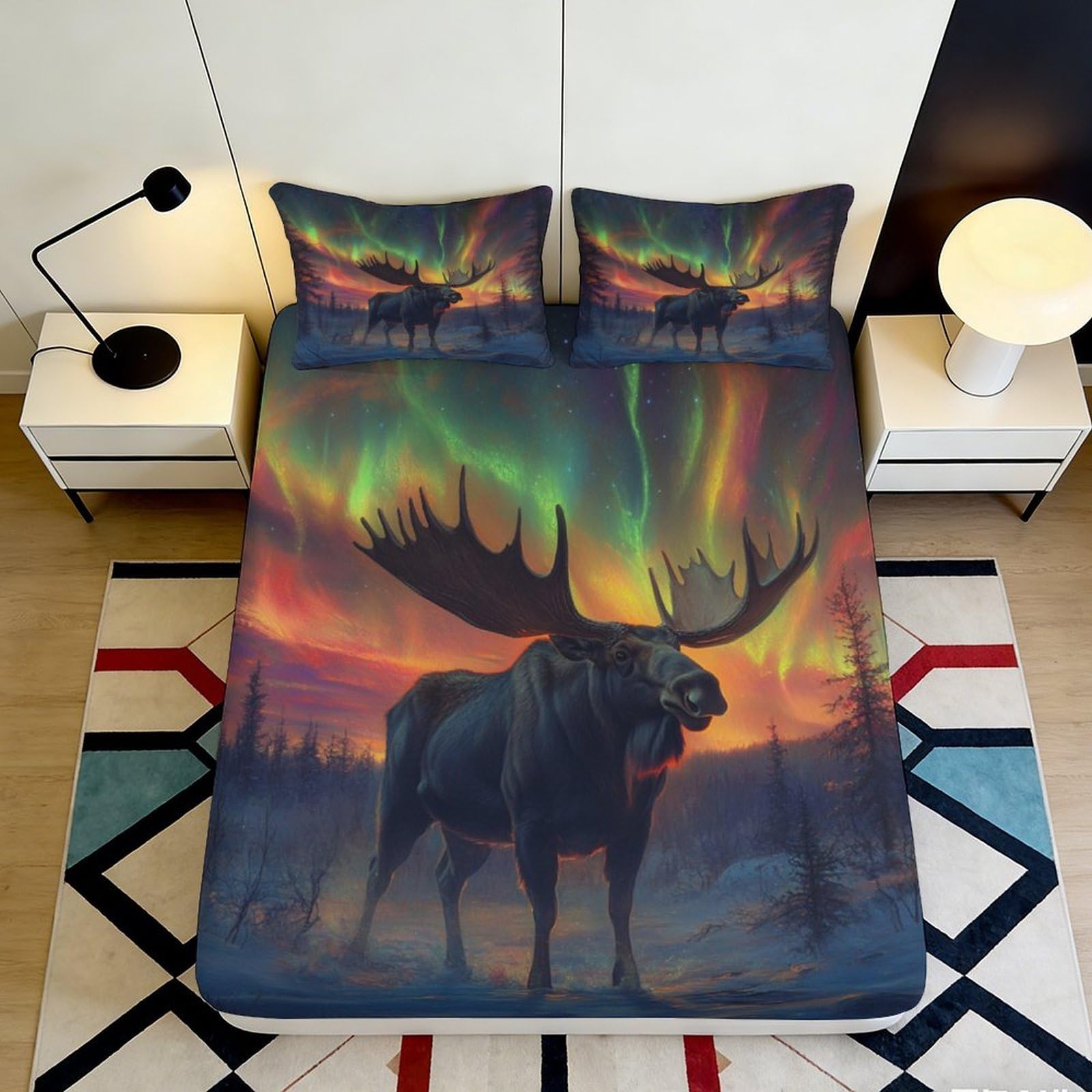 3D Printed Aurora Moose Fitted Sheet Microfiber Anti-Slip Mattress Cover for Bedroom Dorm Easy Care Nordic Forest Decor 160x200x25cm