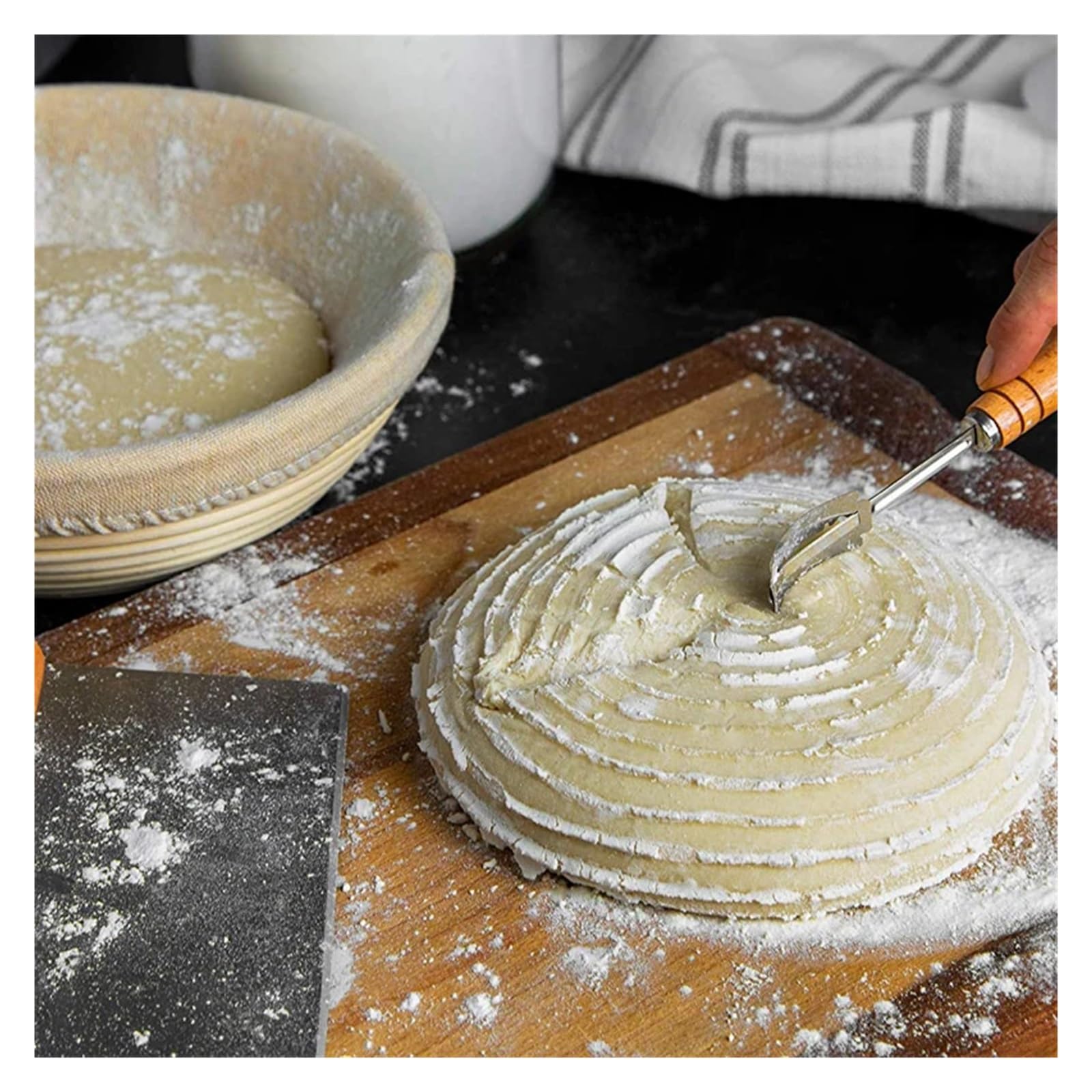 Banetones Para Pan Cesta de ratán con funda de lino, 7 piezas de herramientas y 1 juego de cestas, cesta for leudar pan, herramientas for hornear masa madre Para Banneton(Round XL Set A)