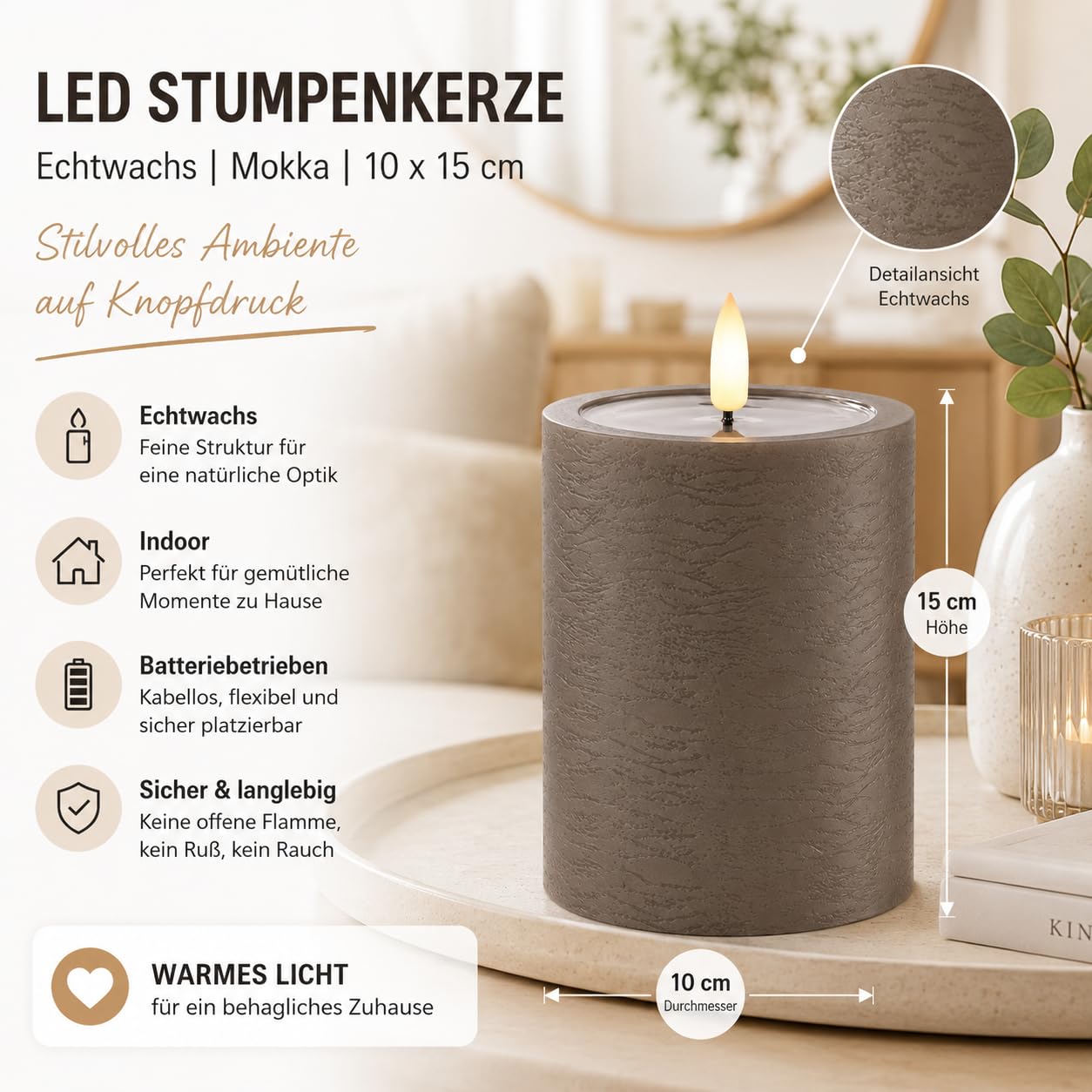 ReWu Deluxe Homeart Unikalna świeca LED, do użytku wewnątrz pomieszczeń, z realistycznym płomieniem, na lustrze z prawdziwego wosku, ręcznie wykonana, mokka, 10 x 15 cm