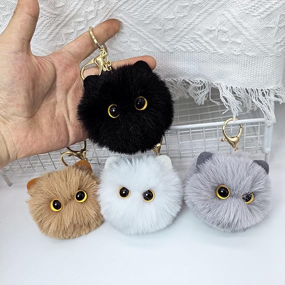 2Pcs Cute Cat Plush Keychain for Backpack, Kawaii Cat Pom Pom Car Keyring Purse Charms Decoration for Women Girls