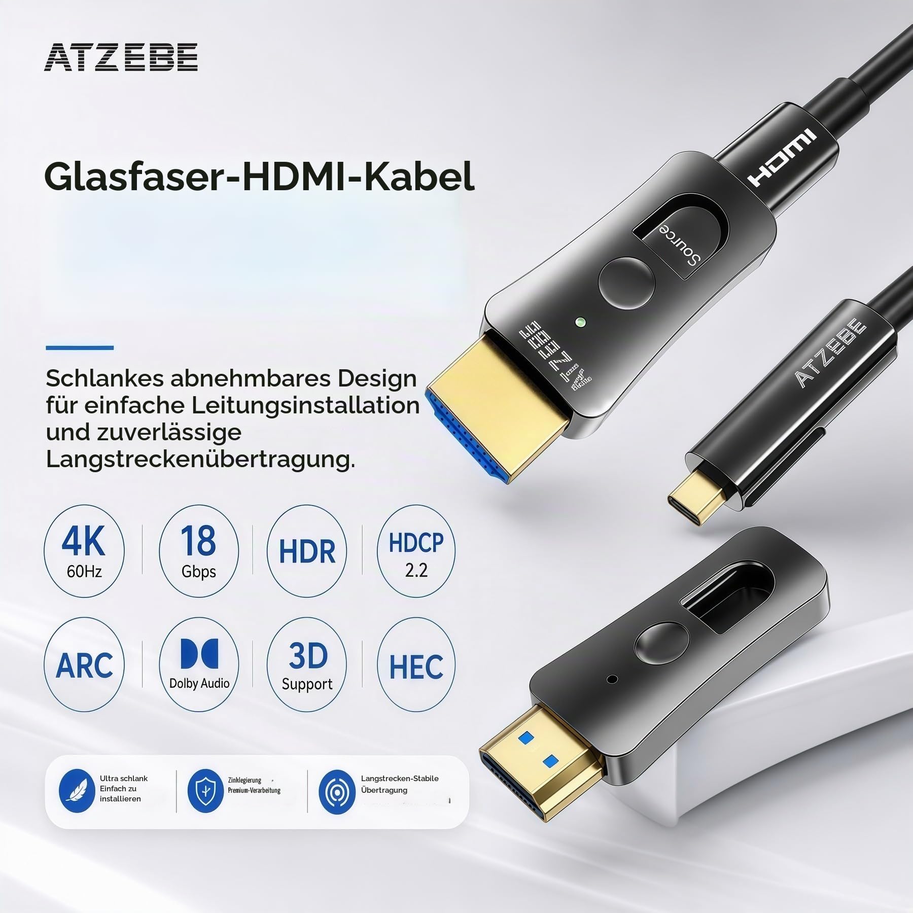 15m HDMI Glasfaser Kabel 4K@60Hz – Optisches High Speed Kabel, 18Gbps, YUV 4:4:4, HDR, verlustfrei, abnehmbare Dual-Stecker, Zinklegierung – Ideal für Heimkino, Beamer & Installation
