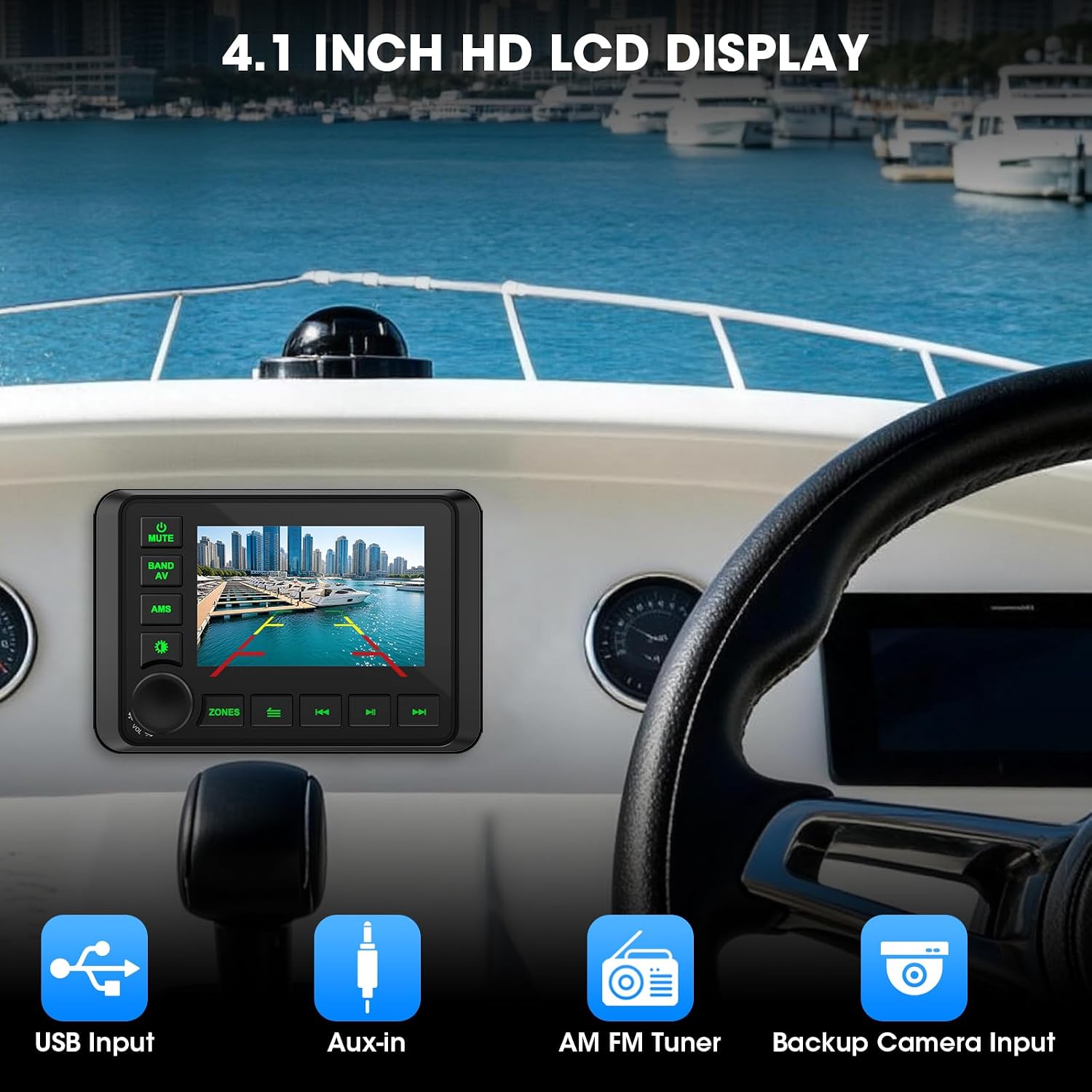 Marine Gauge Radio Stereo Receiver: Bluetooth Digital Media Center for Boat | 4.1 Inch Color Display 4-Zone AM FM USB AUX 200W Subwoofer for ATV UTV Golf Cart SXS
